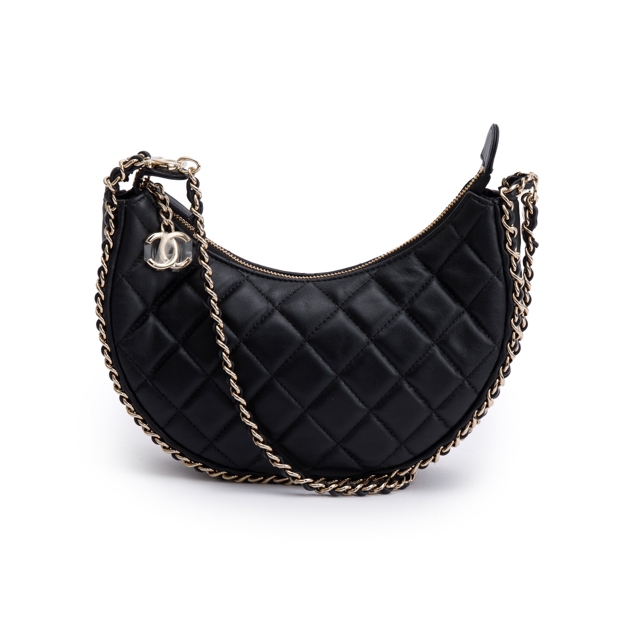 Chanel Black Lambskin Leather Small Chain Around Hobo Bag w/ Box