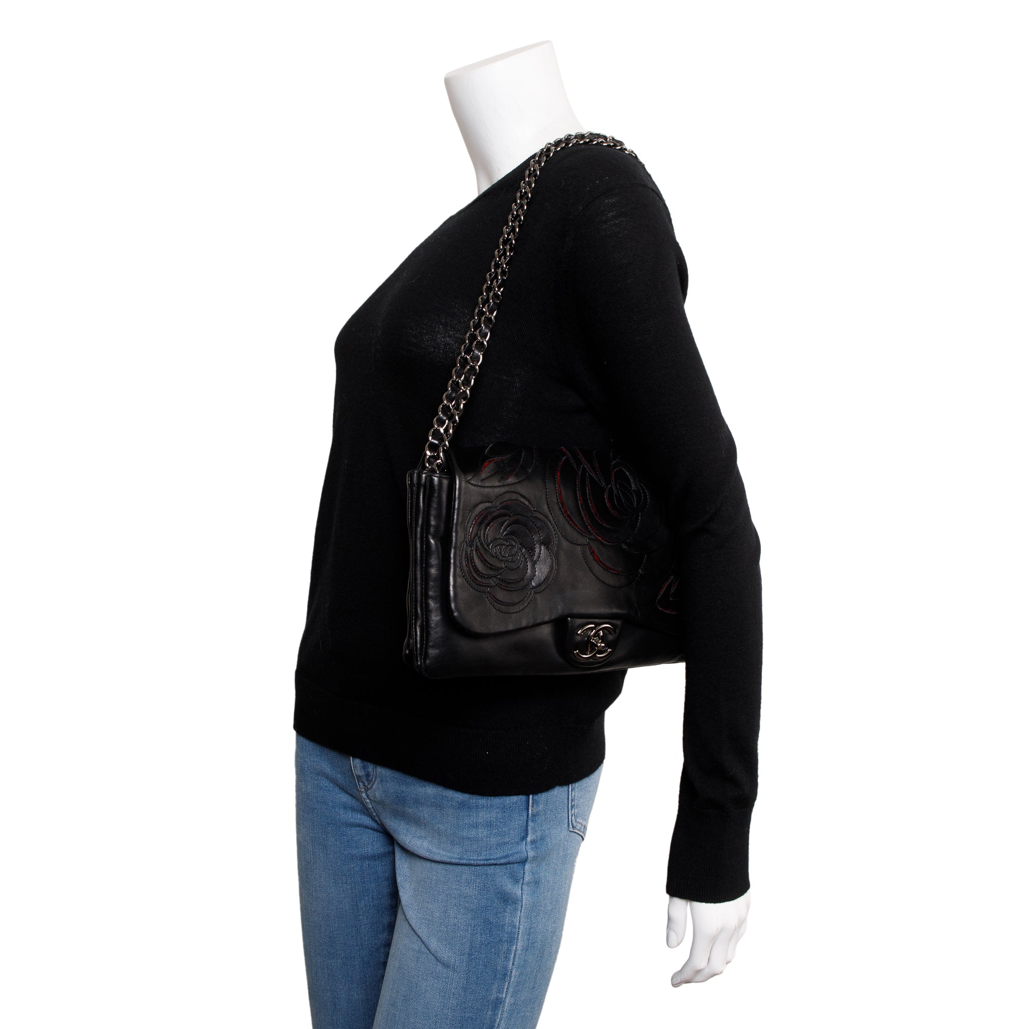 Chanel Black Lambskin Leather Tweed Camellia Petals Flap Bag