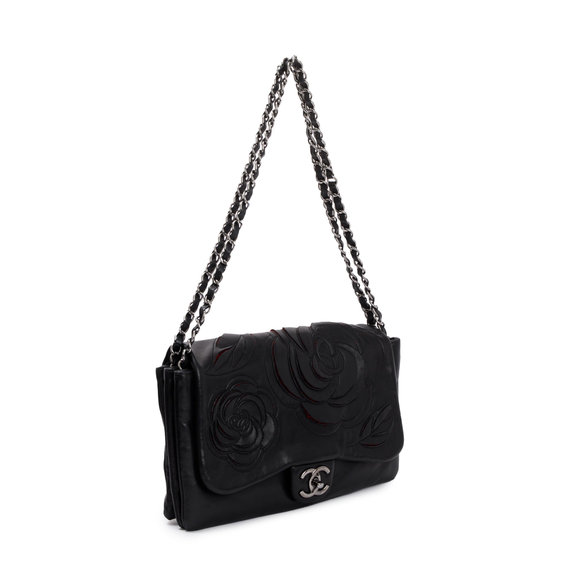 Chanel Black Lambskin Leather Tweed Camellia Petals Flap Bag