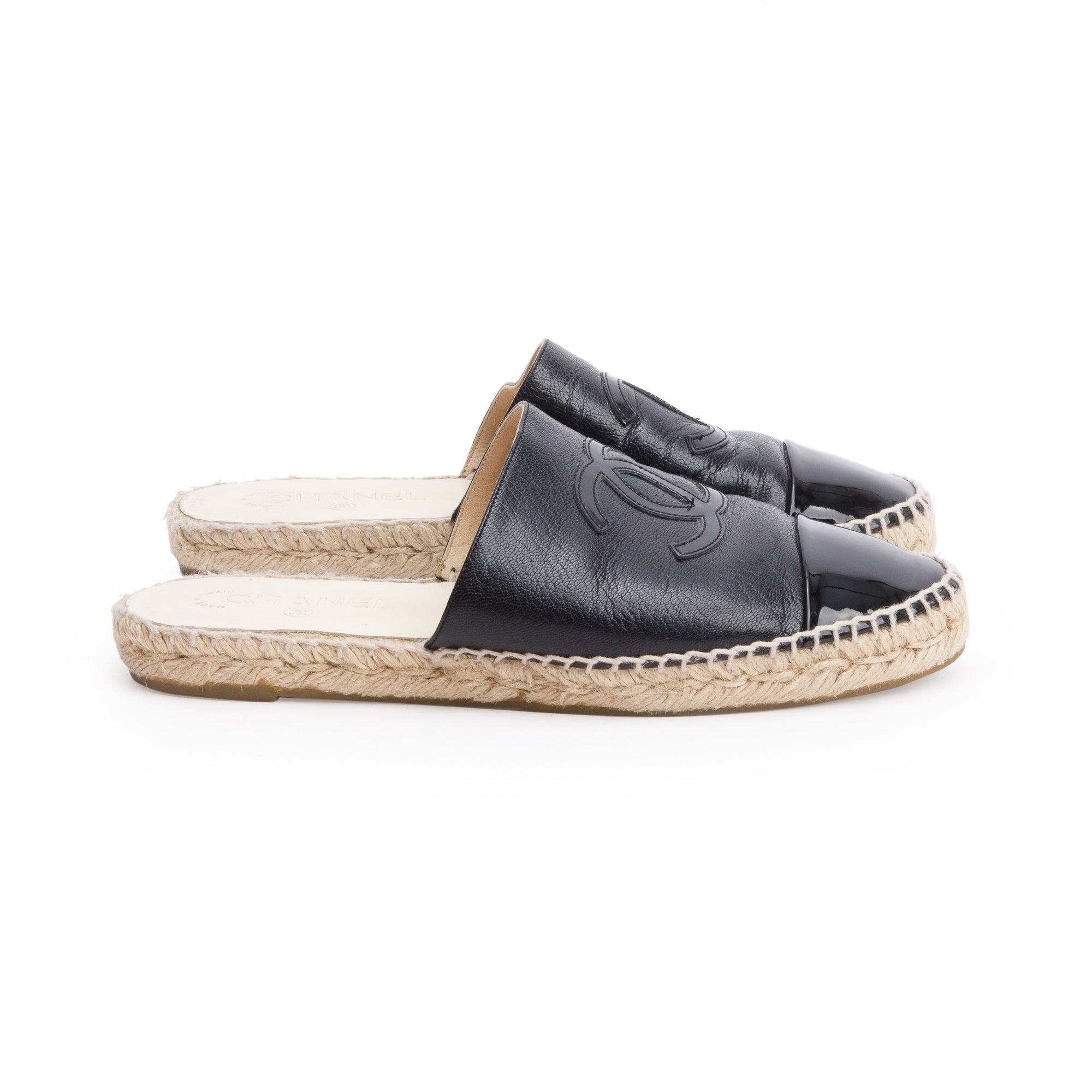 Chanel Black Leather CC Logo Espadrille Mule, Size 40