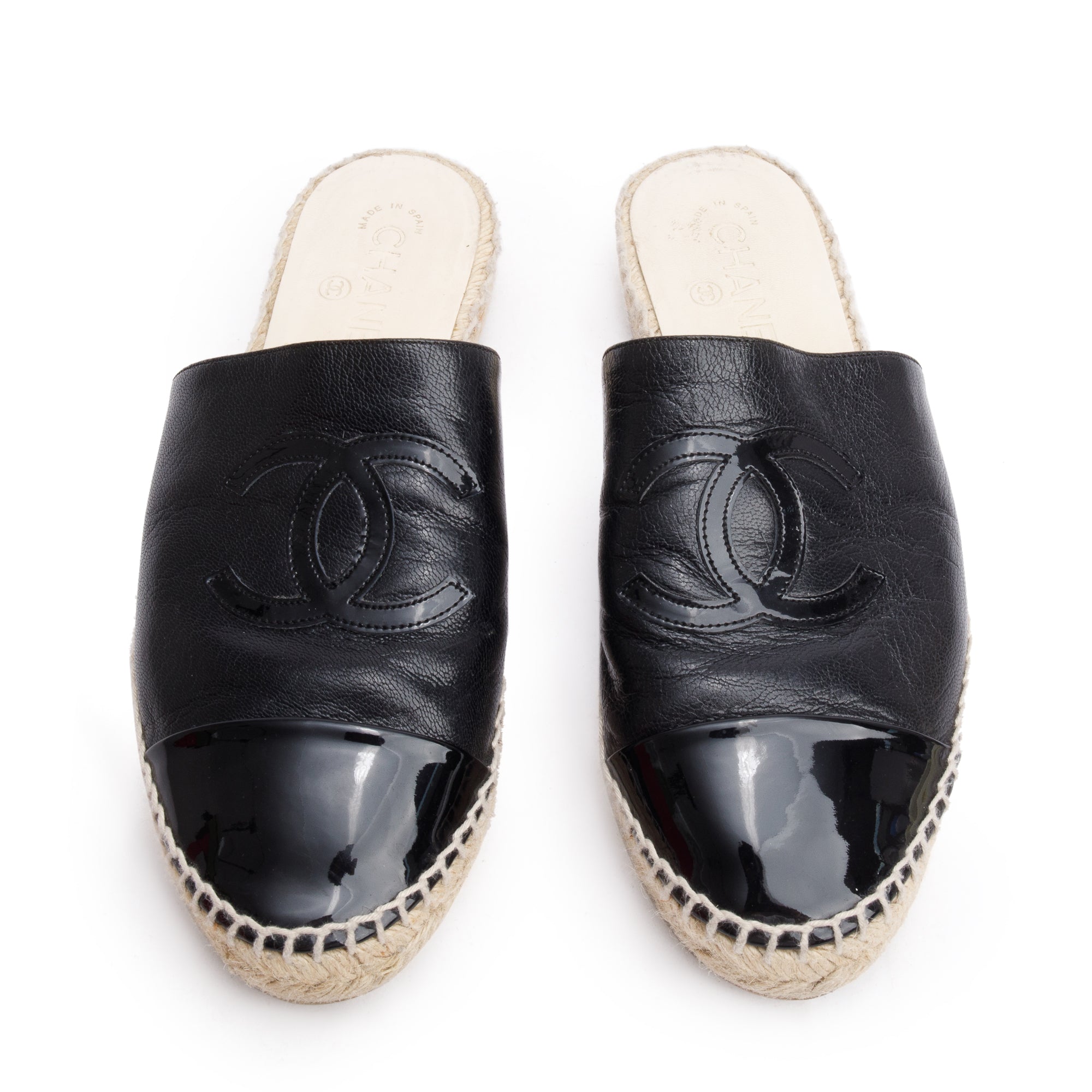 Chanel Black Leather CC Logo Espadrille Mule, Size 40