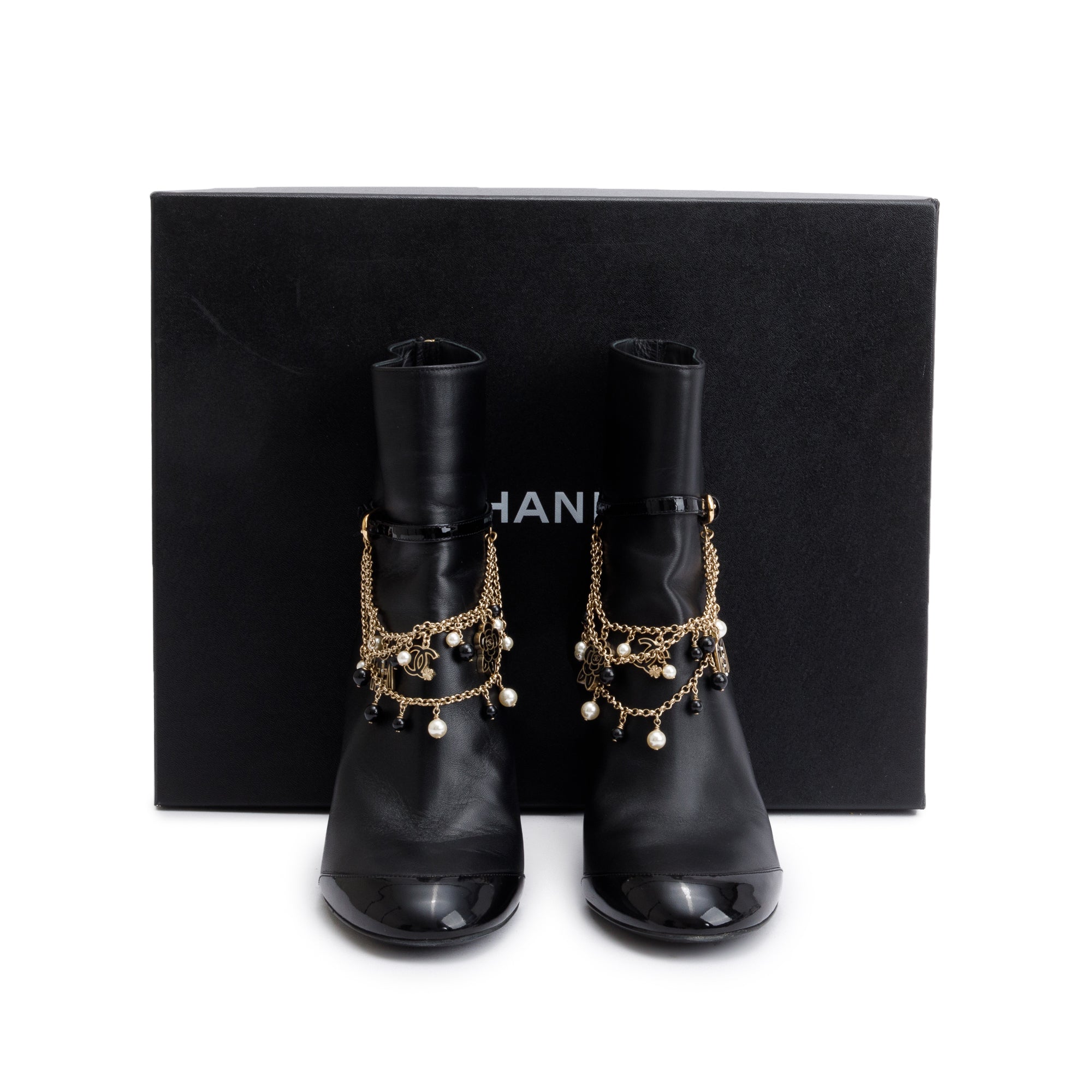 Chanel Black Leather Faux Pearl Bead Charms Interlocking CC Logo Chain Lace Up Ankle Boots, Size 40 w/ Box
