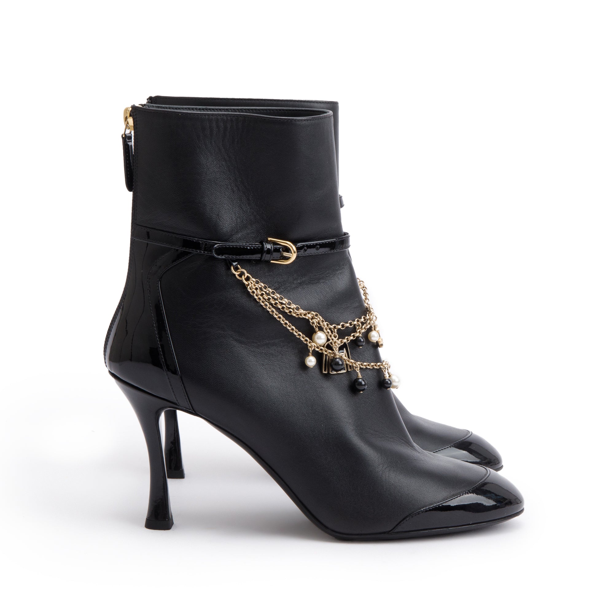 Chanel Black Leather Faux Pearl Bead Charms Interlocking CC Logo Chain Lace Up Ankle Boots, Size 40 w/ Box