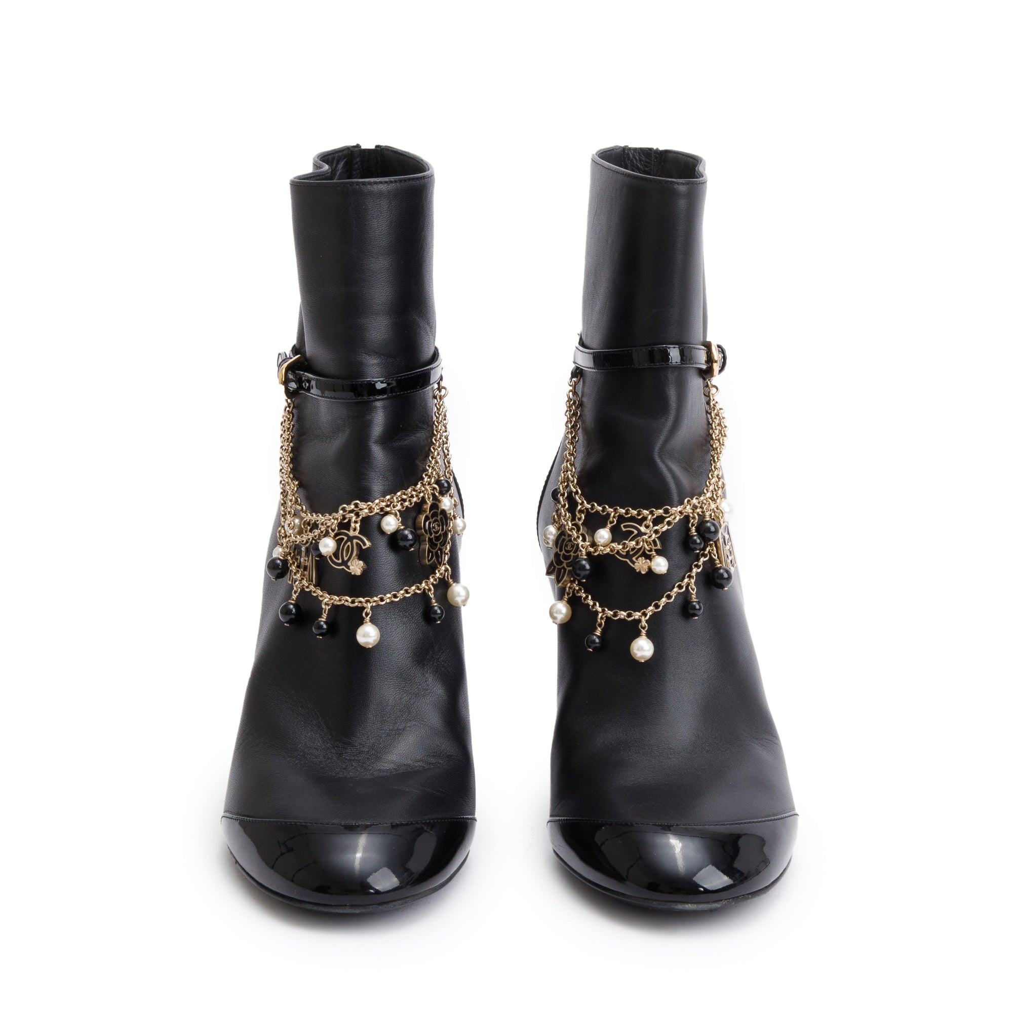 Chanel Black Leather Faux Pearl Bead Charms Interlocking CC Logo Chain Lace Up Ankle Boots, Size 40 w/ Box