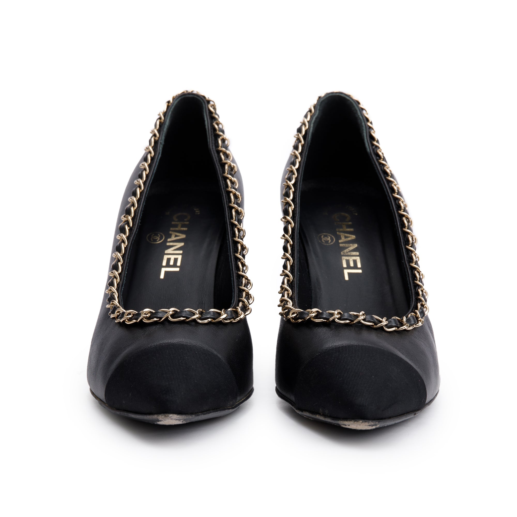 Chanel Black Leather Interlocking CC Logo Chain Around Pumps, Size 38.5 w/ Box