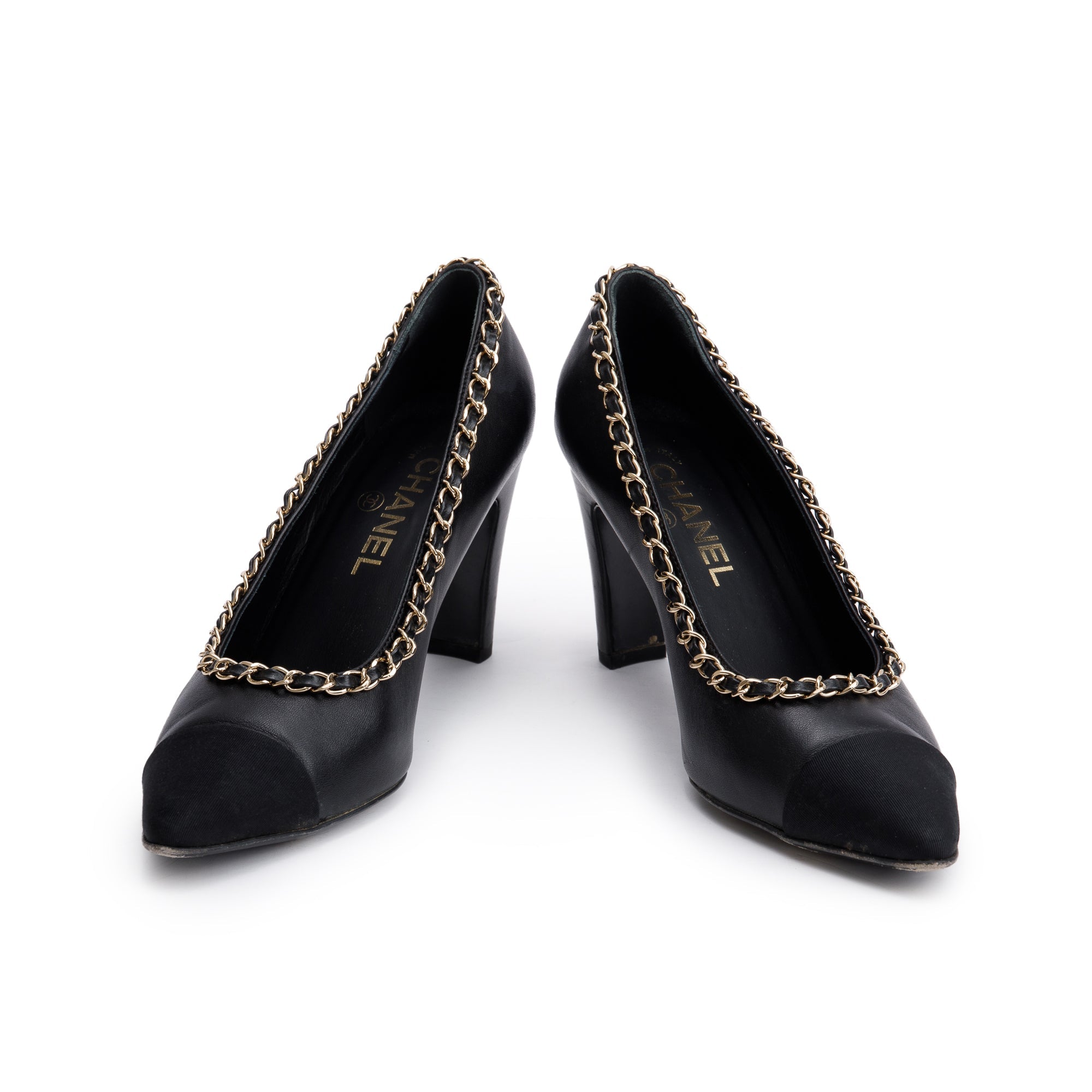 Chanel Black Leather Interlocking CC Logo Chain Around Pumps, Size 38.5 w/ Box