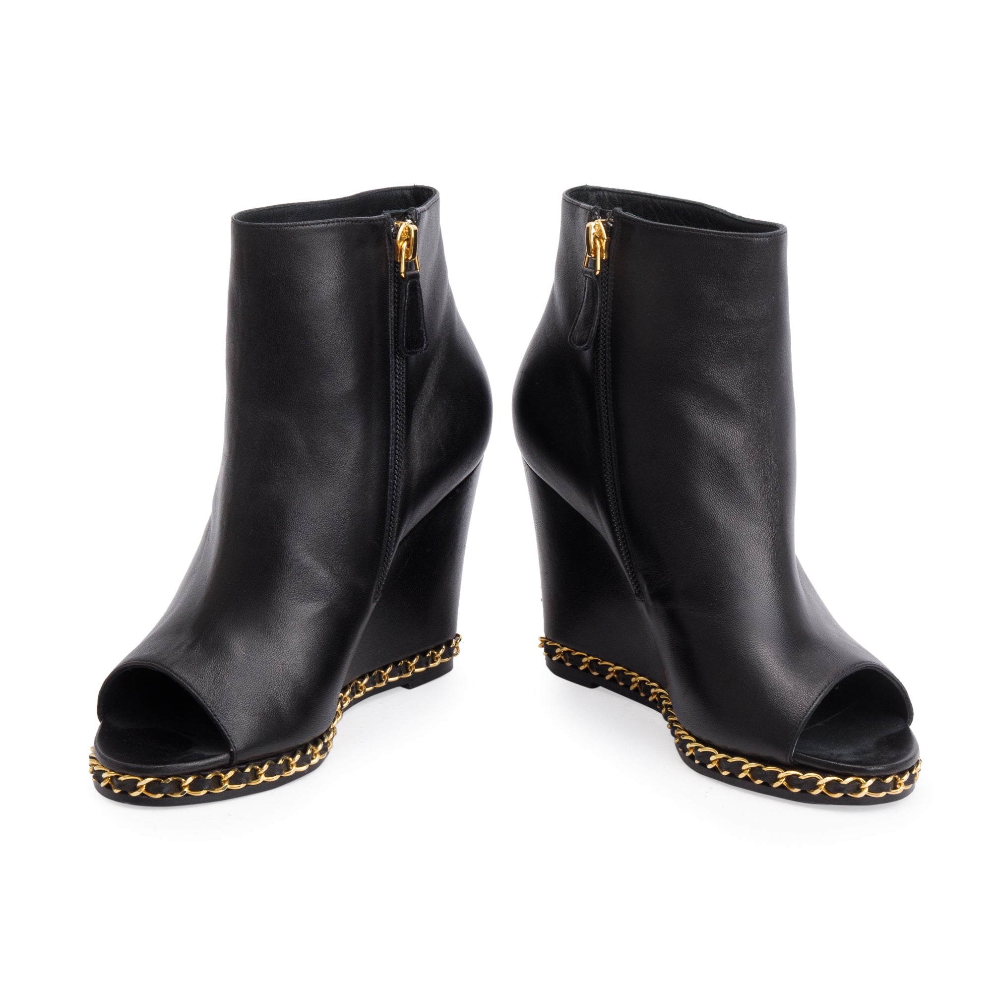 Chanel Black Leather Interlocking CC Logo Chain Open-Toe Wedge Ankle Boots, Size 36.5