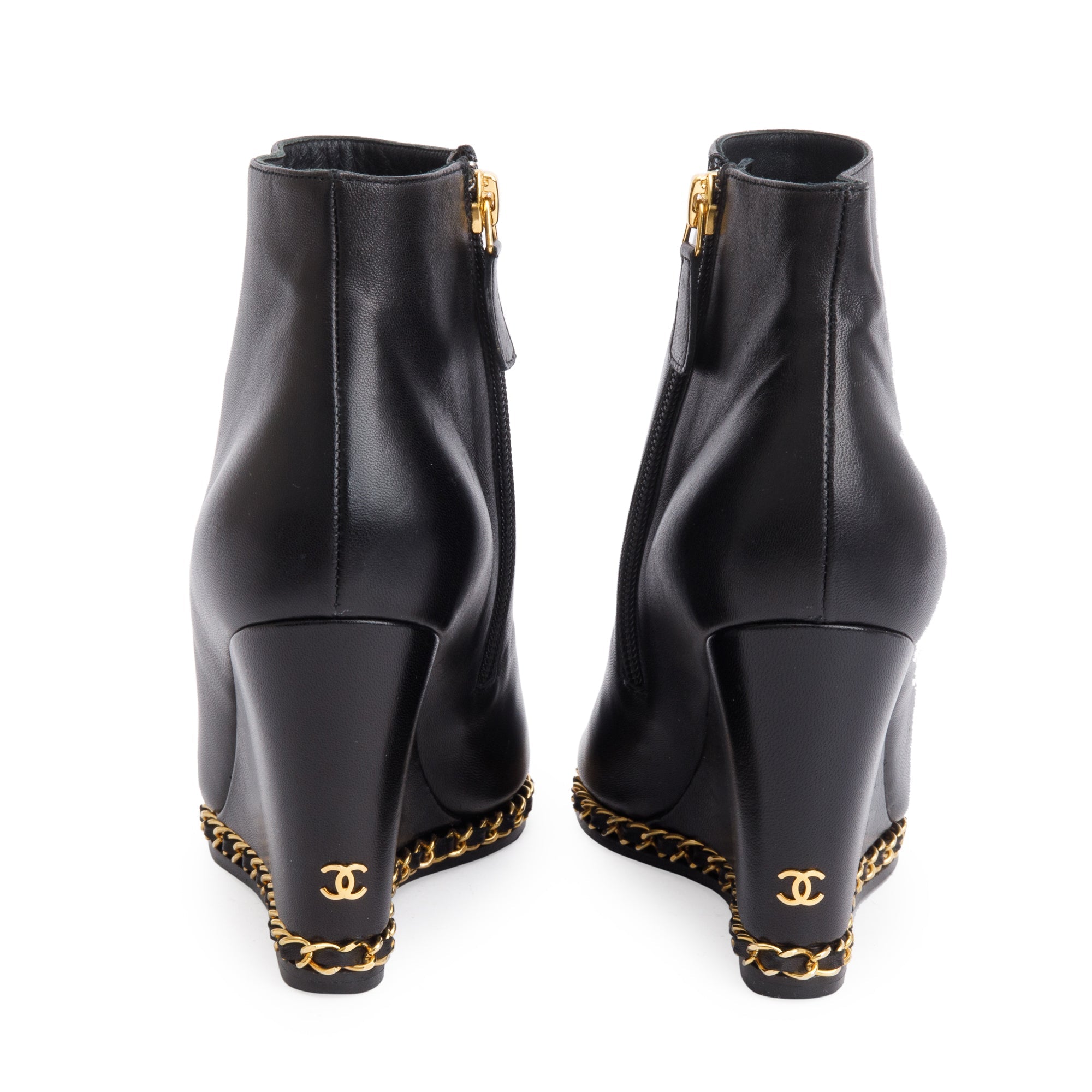 Chanel Black Leather Interlocking CC Logo Chain Open-Toe Wedge Ankle Boots, Size 36.5