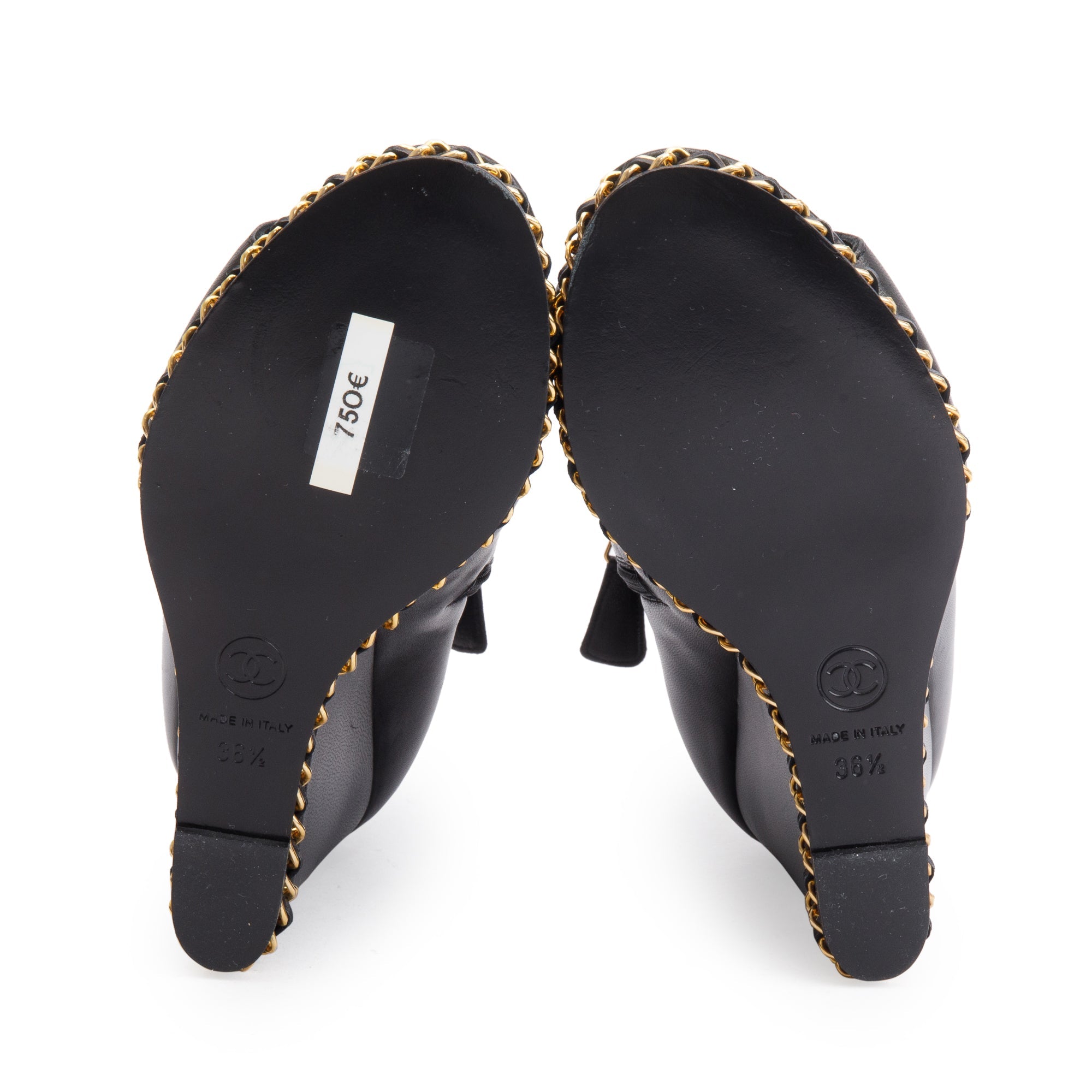 Chanel Black Leather Interlocking CC Logo Chain Open-Toe Wedge Ankle Boots, Size 36.5