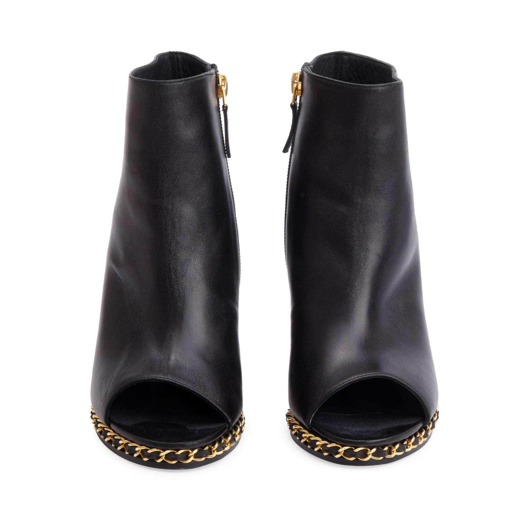 Chanel Black Leather Interlocking CC Logo Chain Open-Toe Wedge Ankle Boots, Size 36.5