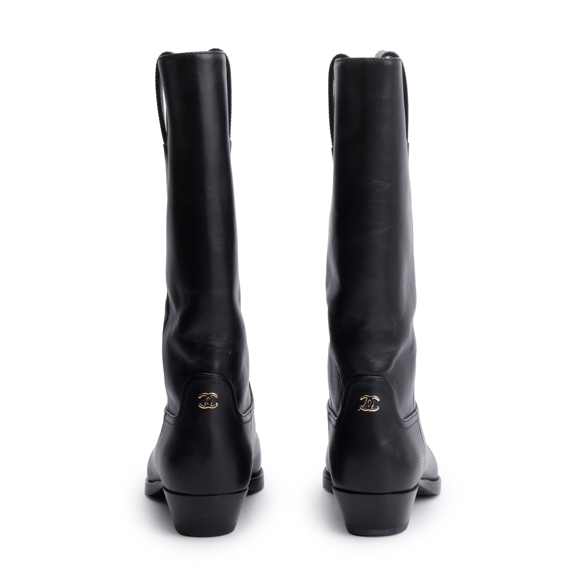 Chanel Black Leather Interlocking CC Logo Mid Calf Cowboy Boots, Size 38.5 w/ Box