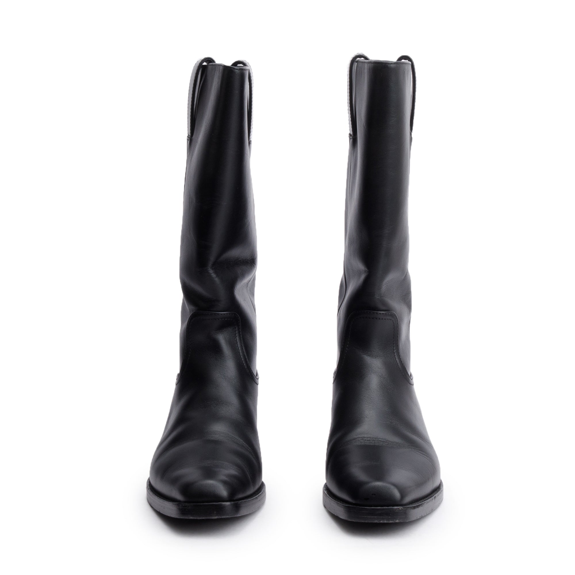Chanel Black Leather Interlocking CC Logo Mid Calf Cowboy Boots, Size 38.5 w/ Box