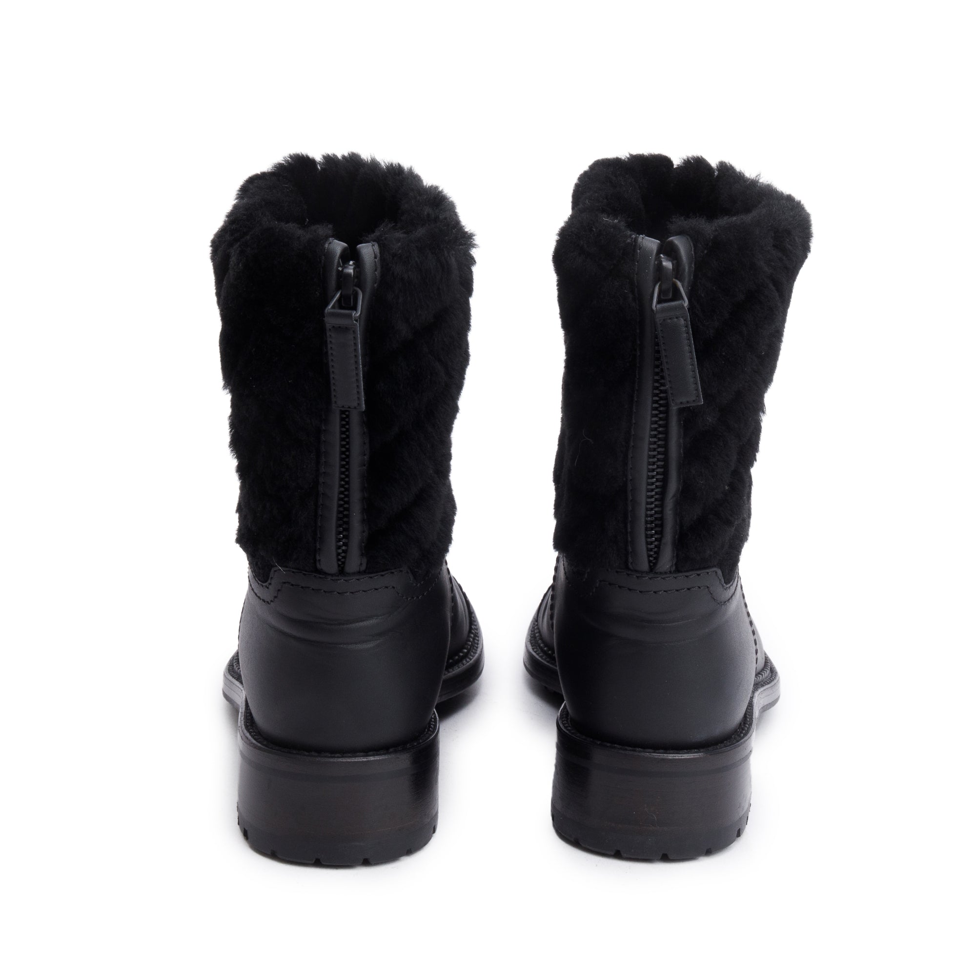 Chanel Black Leather Shearling Trim Interlocking CC Logo Short Boots, Size 40