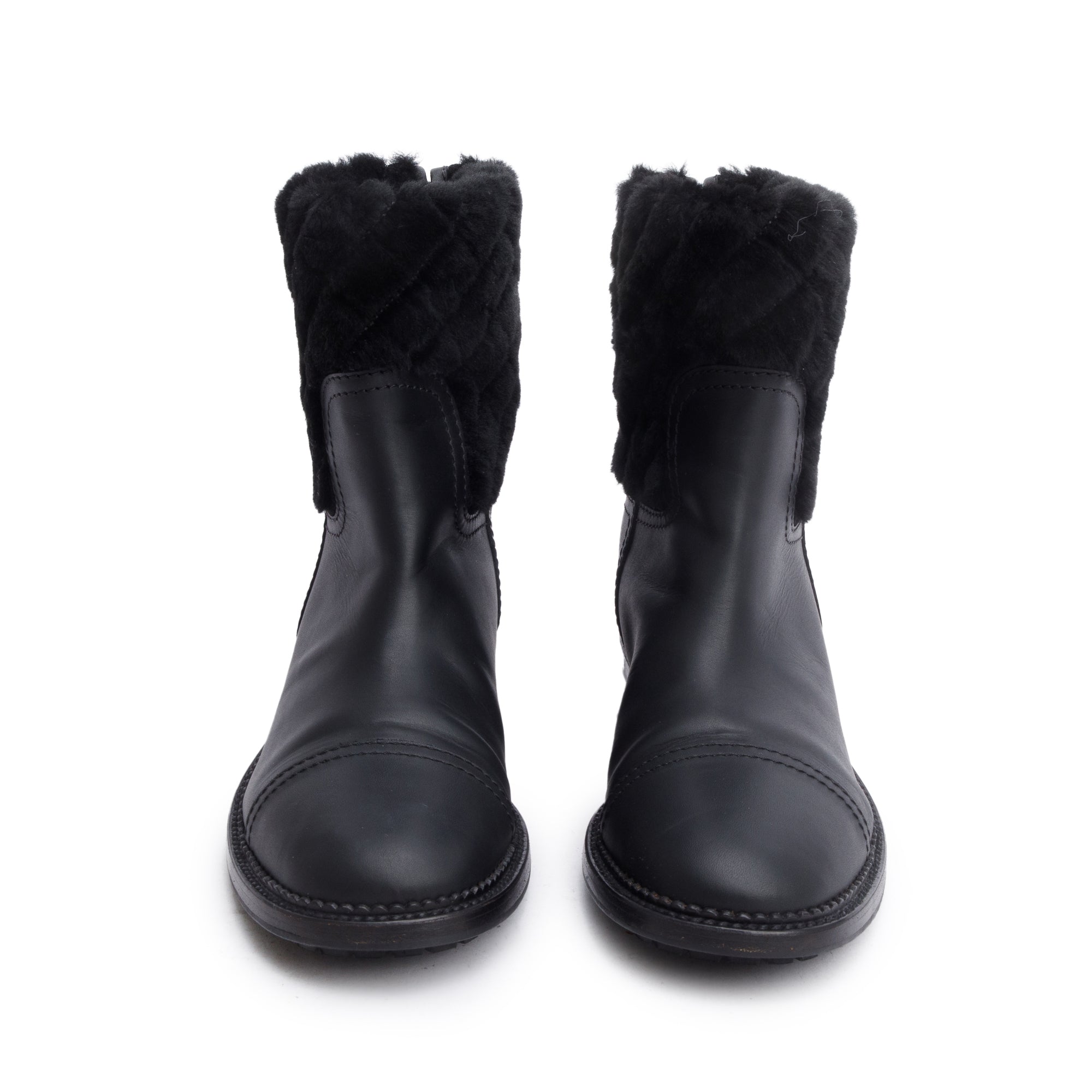 Chanel Black Leather Shearling Trim Interlocking CC Logo Short Boots, Size 40