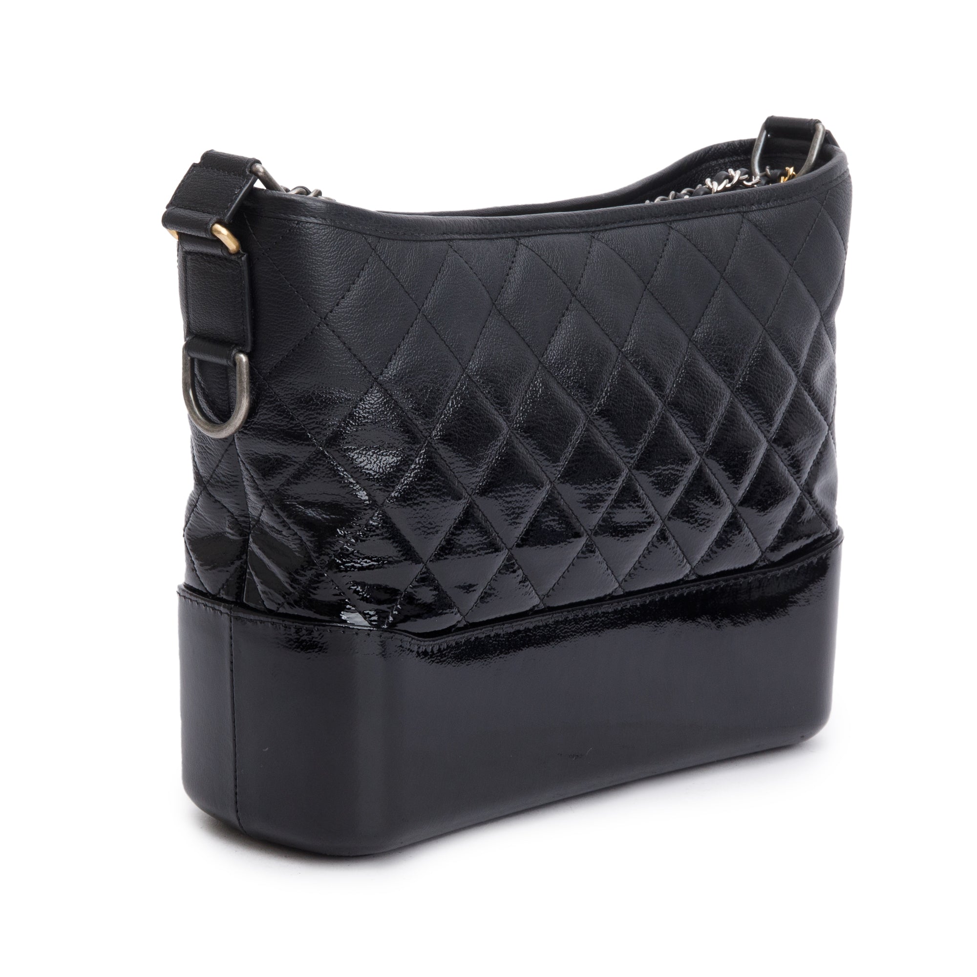 Chanel Black Patent Goatskin Leather Medium Gabrielle Hobo w/ Authenticity Card