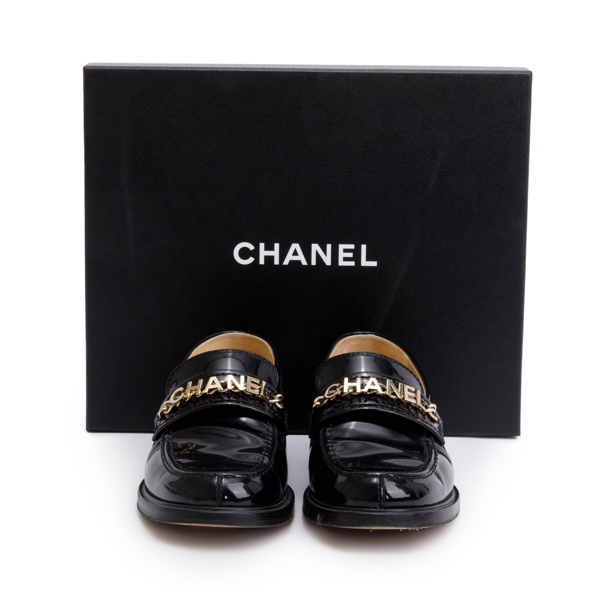 Chanel Black Patent Leather Chain Logo Loafer, Size 38.5 w/ Box