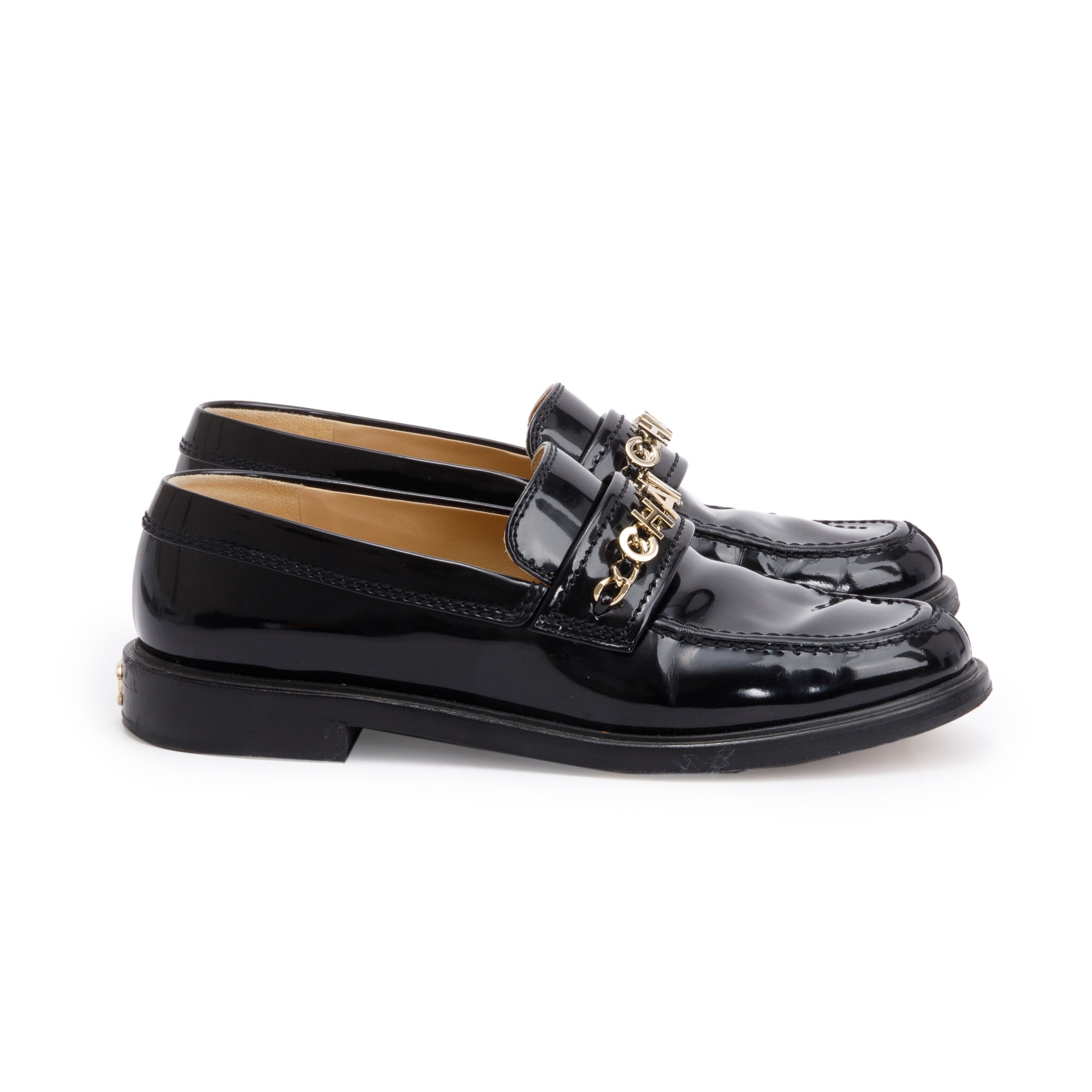 Chanel Black Patent Leather Chain Logo Loafer, Size 38.5 w/ Box