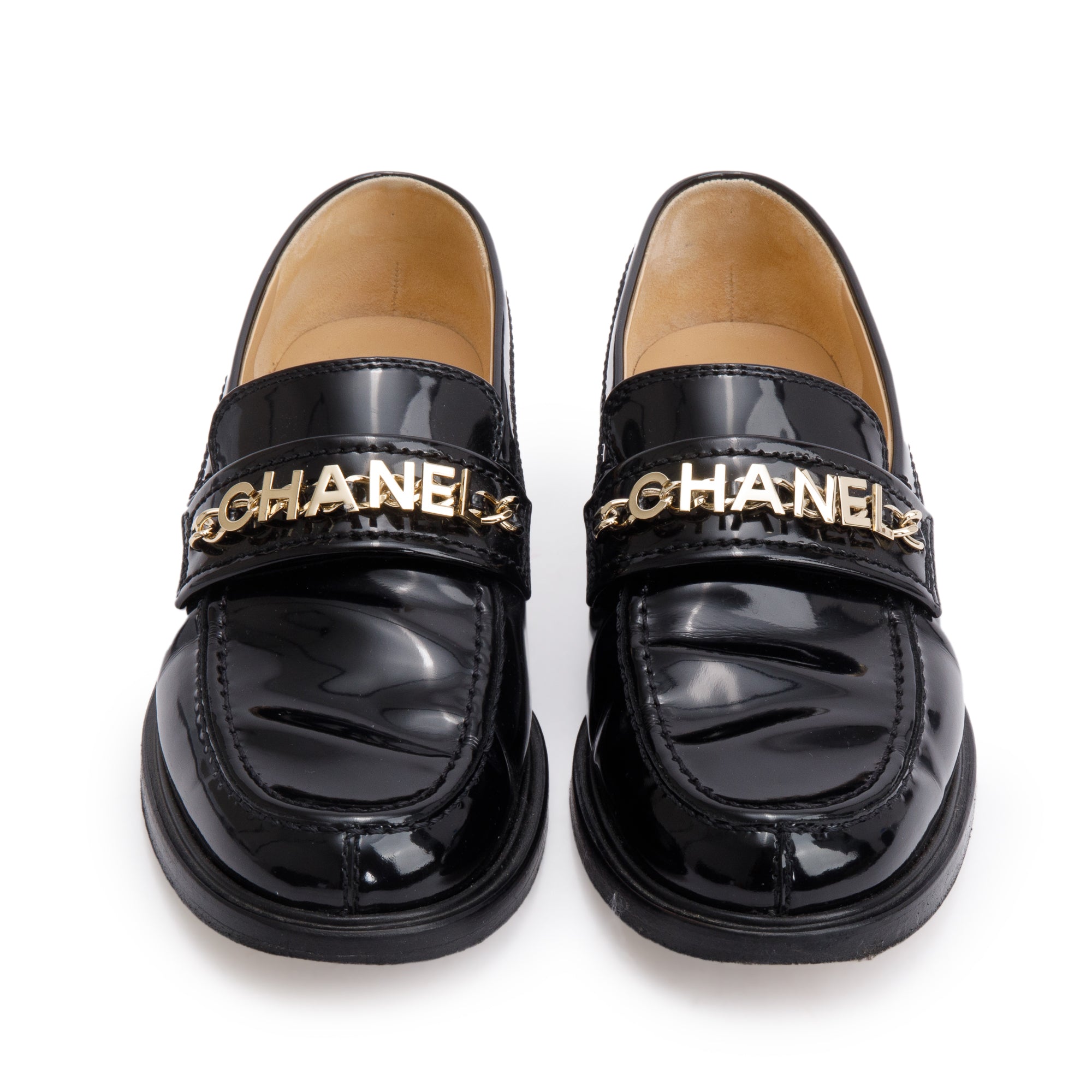 Chanel Black Patent Leather Chain Logo Loafer, Size 38.5 w/ Box