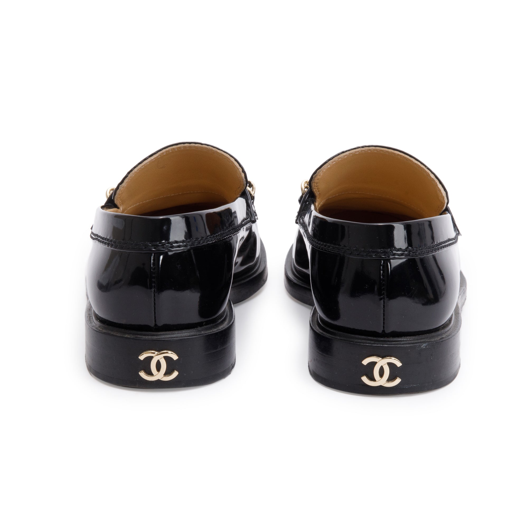 Chanel Black Patent Leather Chain Logo Loafer, Size 38.5 w/ Box