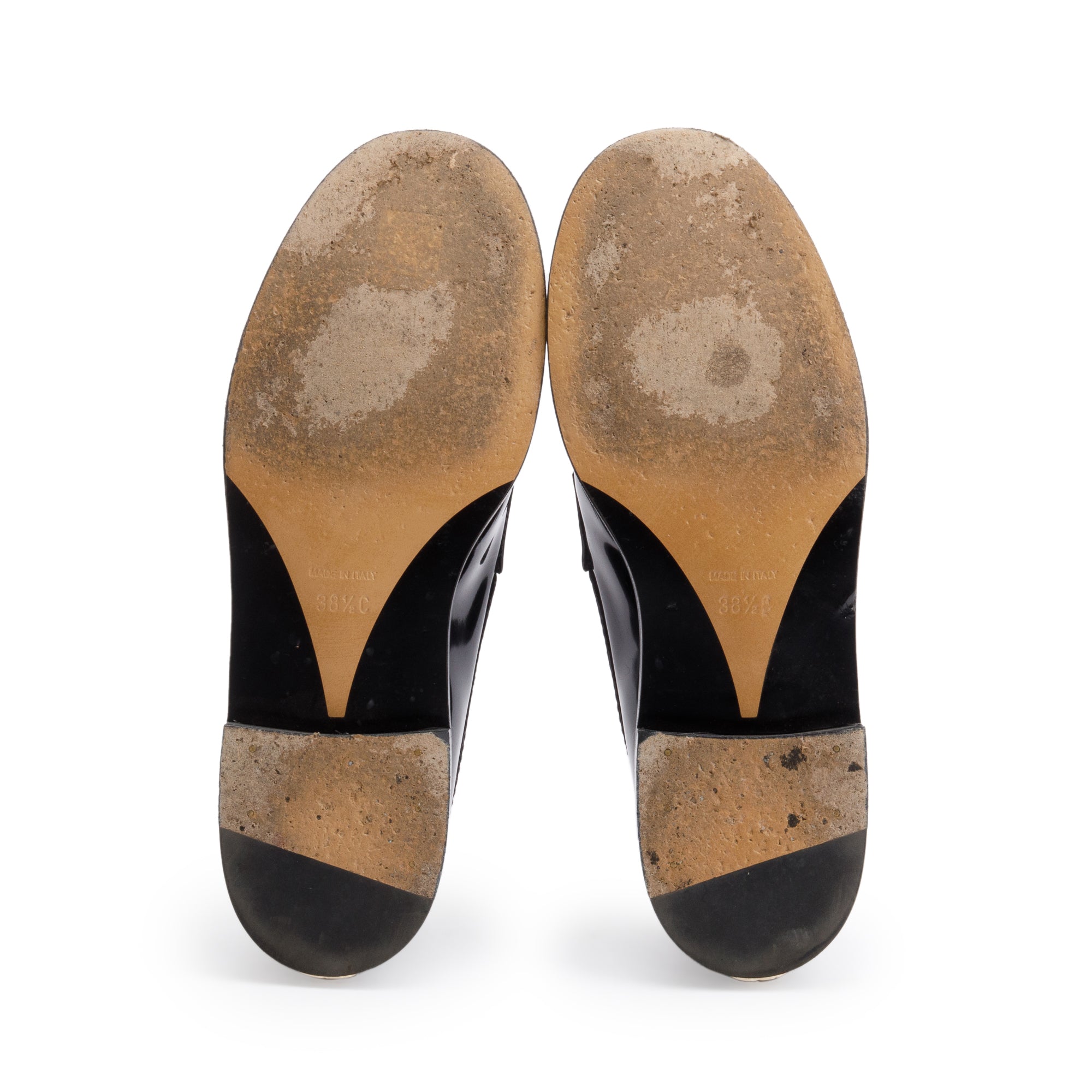 Chanel Black Patent Leather Chain Logo Loafer, Size 38.5 w/ Box