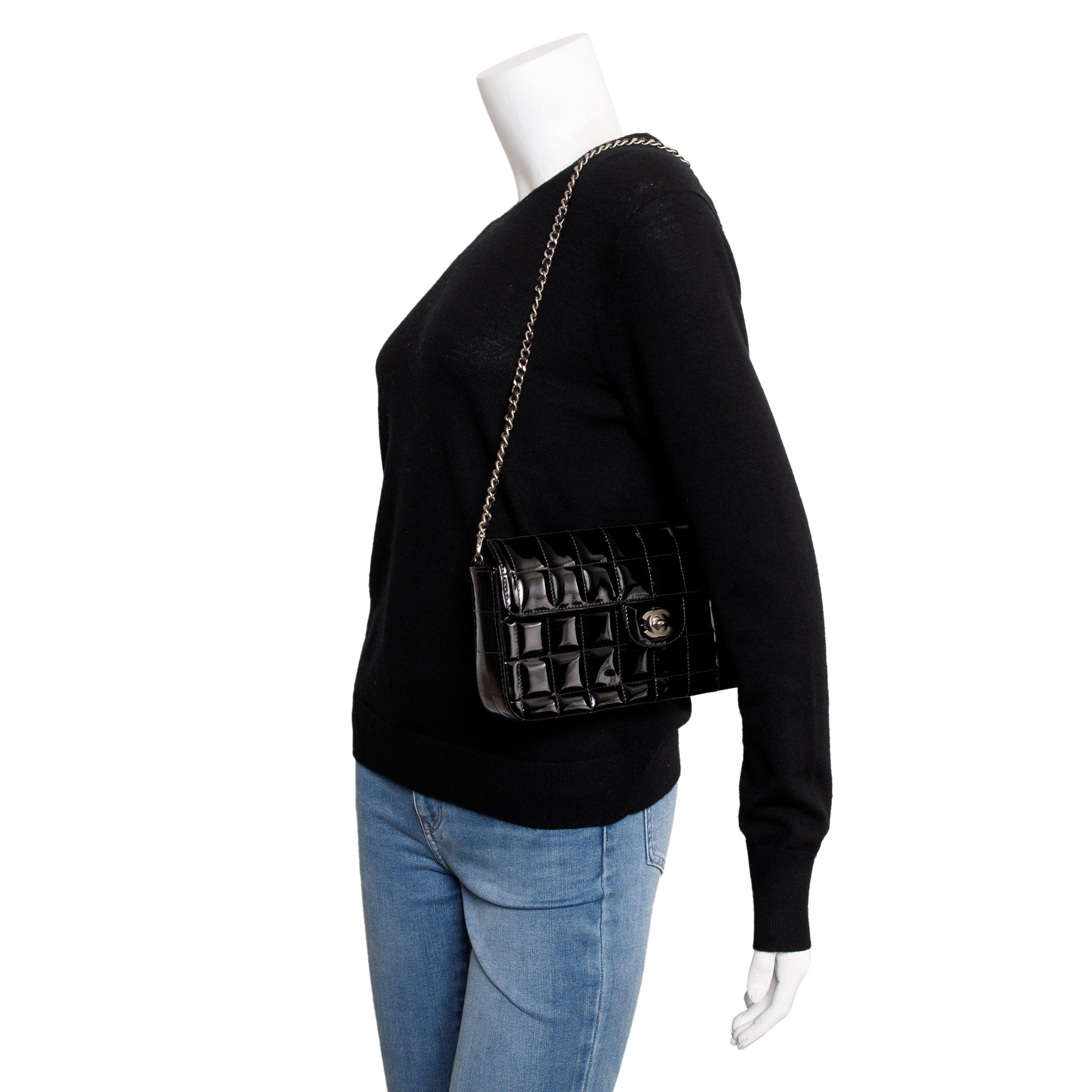 Chanel Black Patent Leather Chocolate Bar E/W Flap Bag w/ Authenticity Card