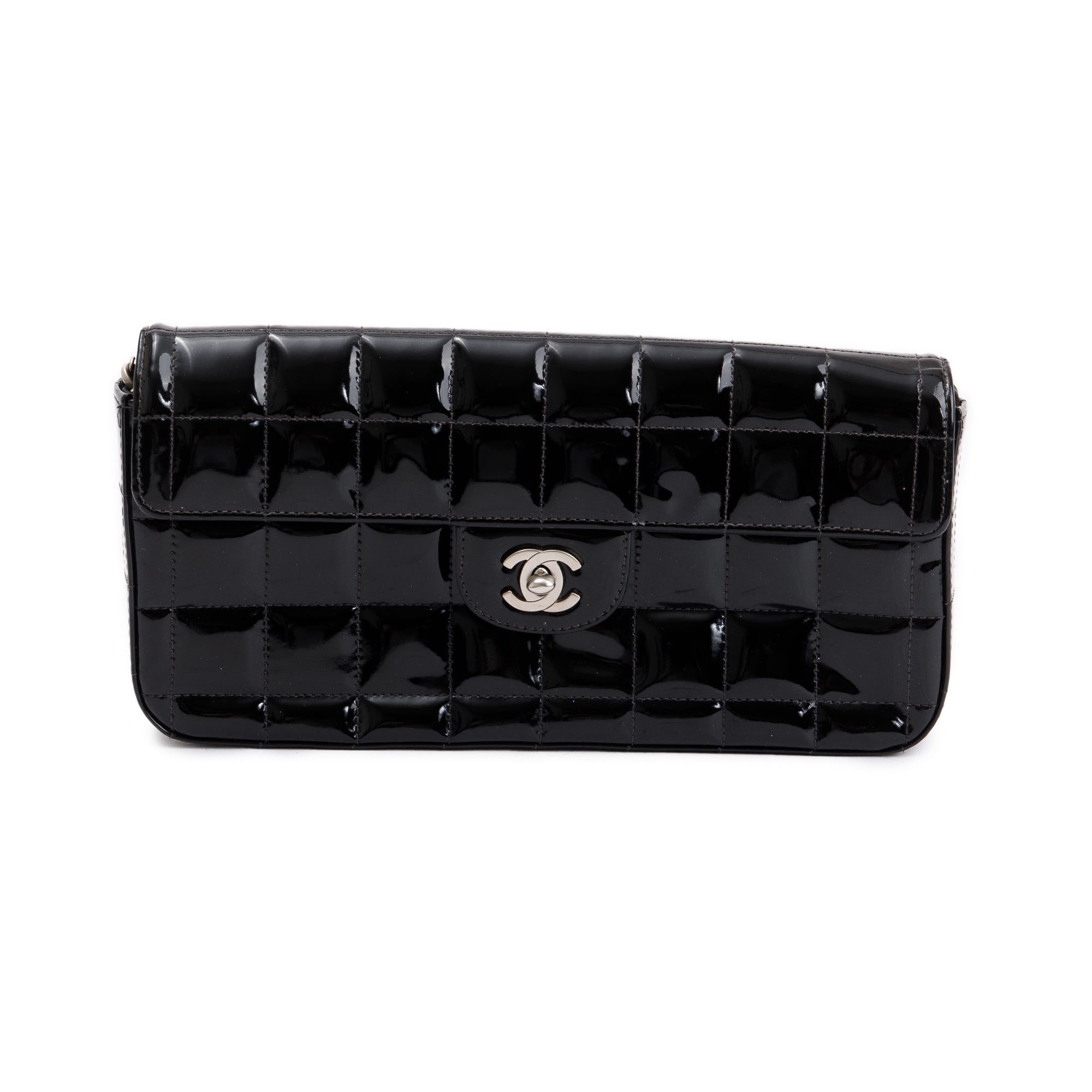 Chanel Black Patent Leather Chocolate Bar E/W Flap Bag w/ Authenticity Card