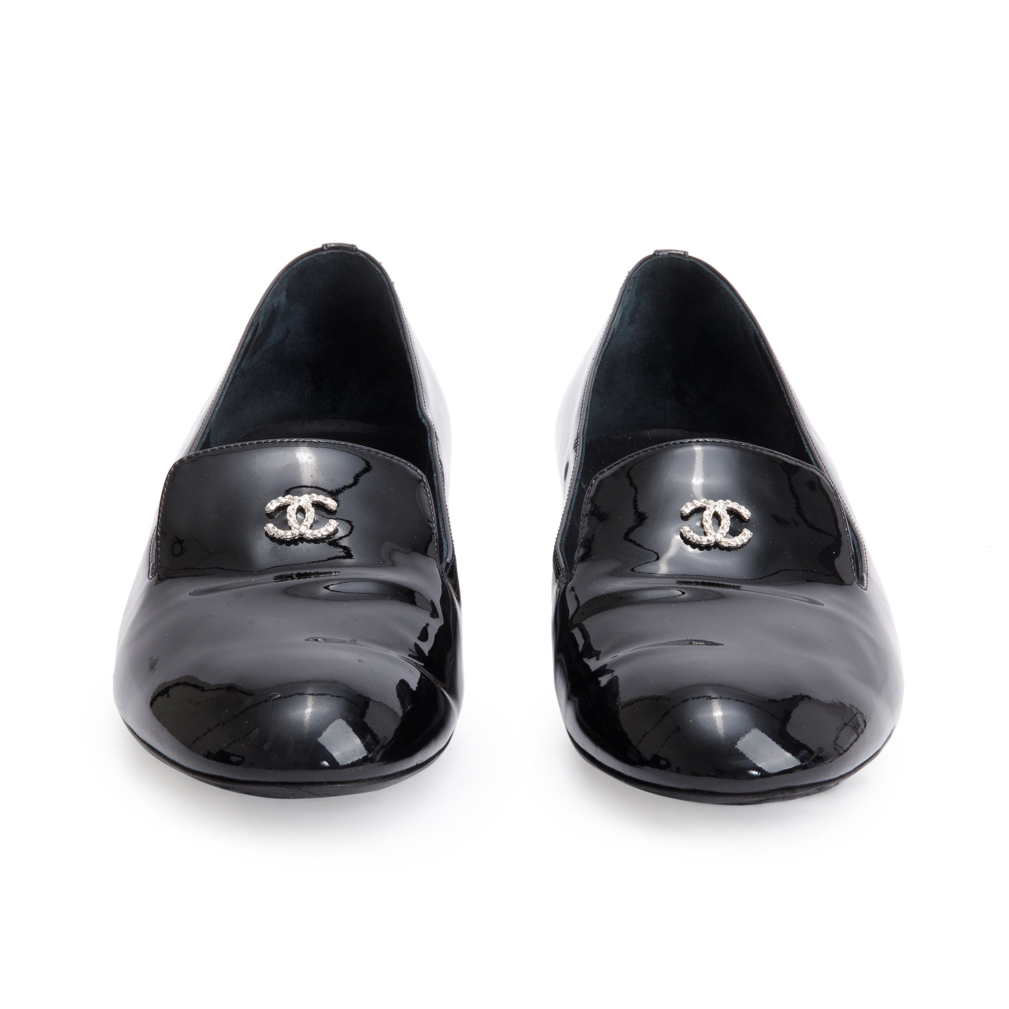 Chanel Black Patent Leather Faux Pearl CC Logo Loafer, Size 40 w/ Box