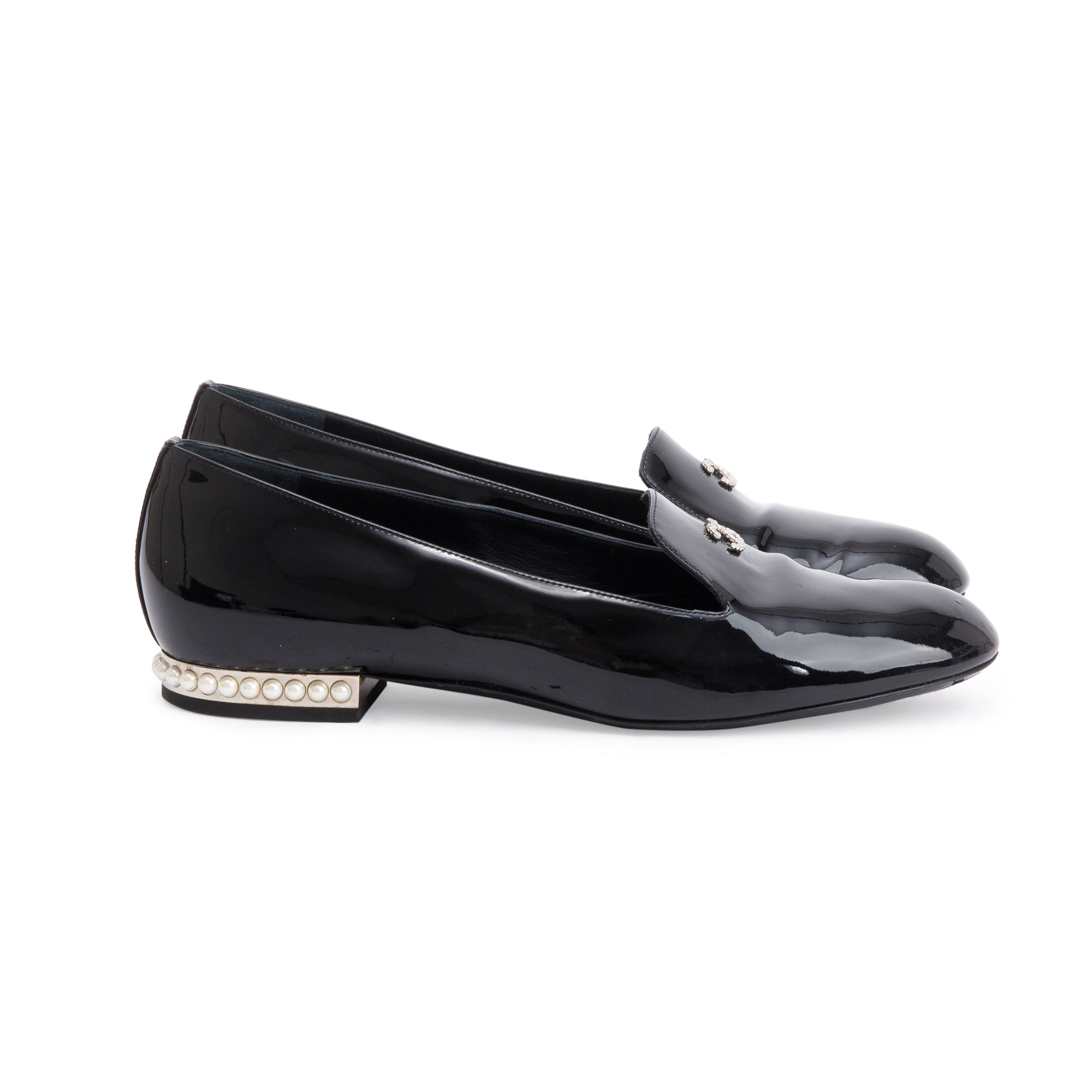 Chanel Black Patent Leather Faux Pearl CC Logo Loafer, Size 40 w/ Box