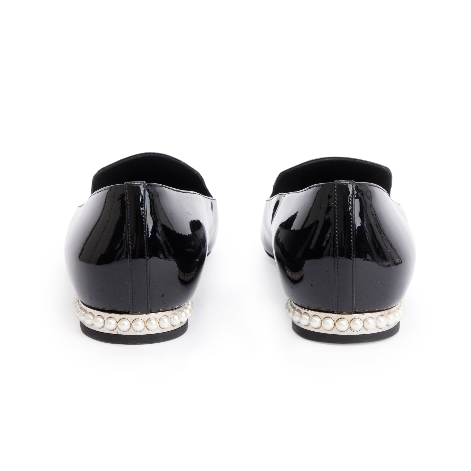 Chanel Black Patent Leather Faux Pearl CC Logo Loafer, Size 40 w/ Box