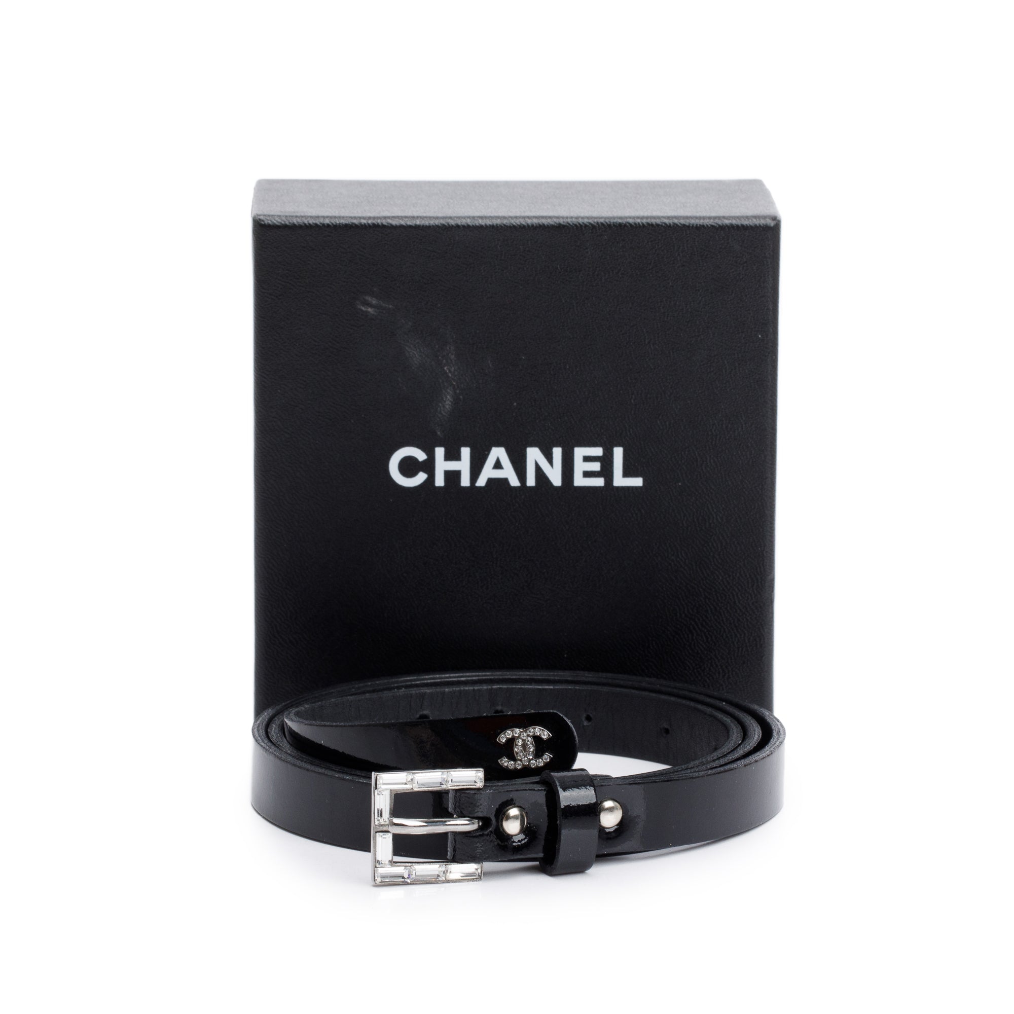 Chanel Black Patent Leather Strass Buckle Skinny Belt 75 30 w/ Box