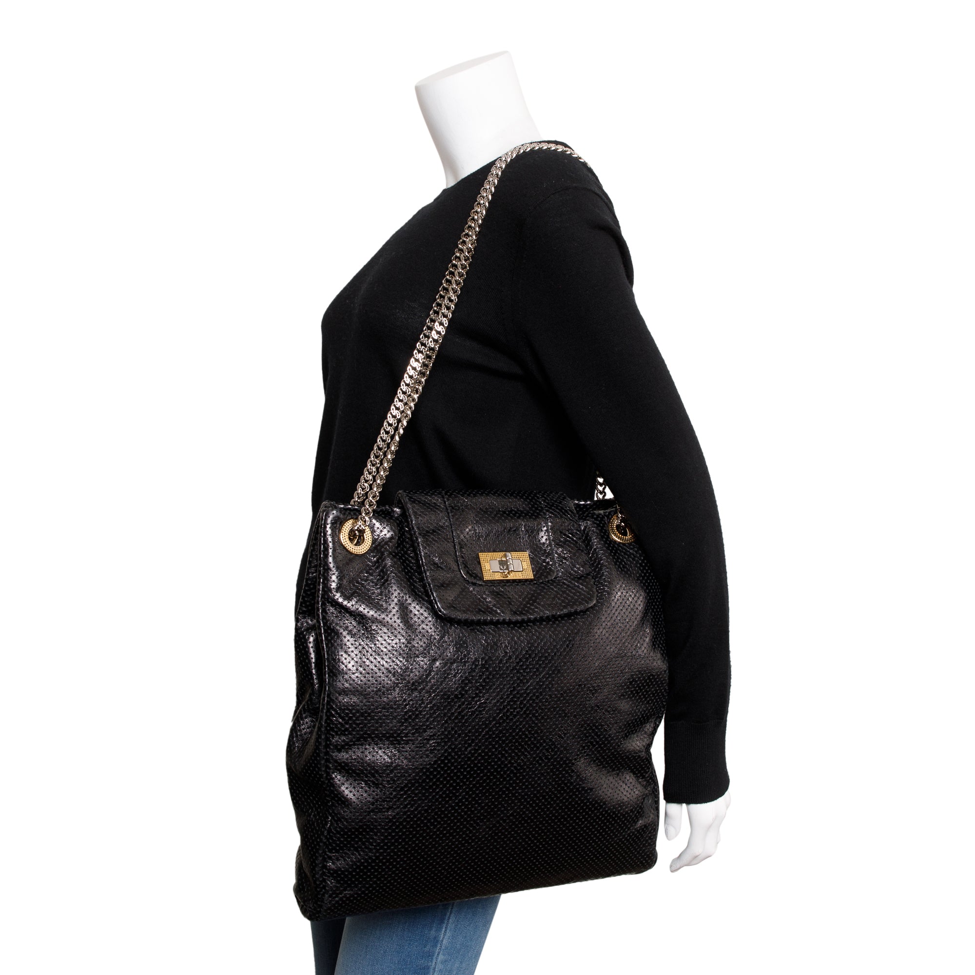 Chanel Black Perforated Calfskin Leather Drill Tote