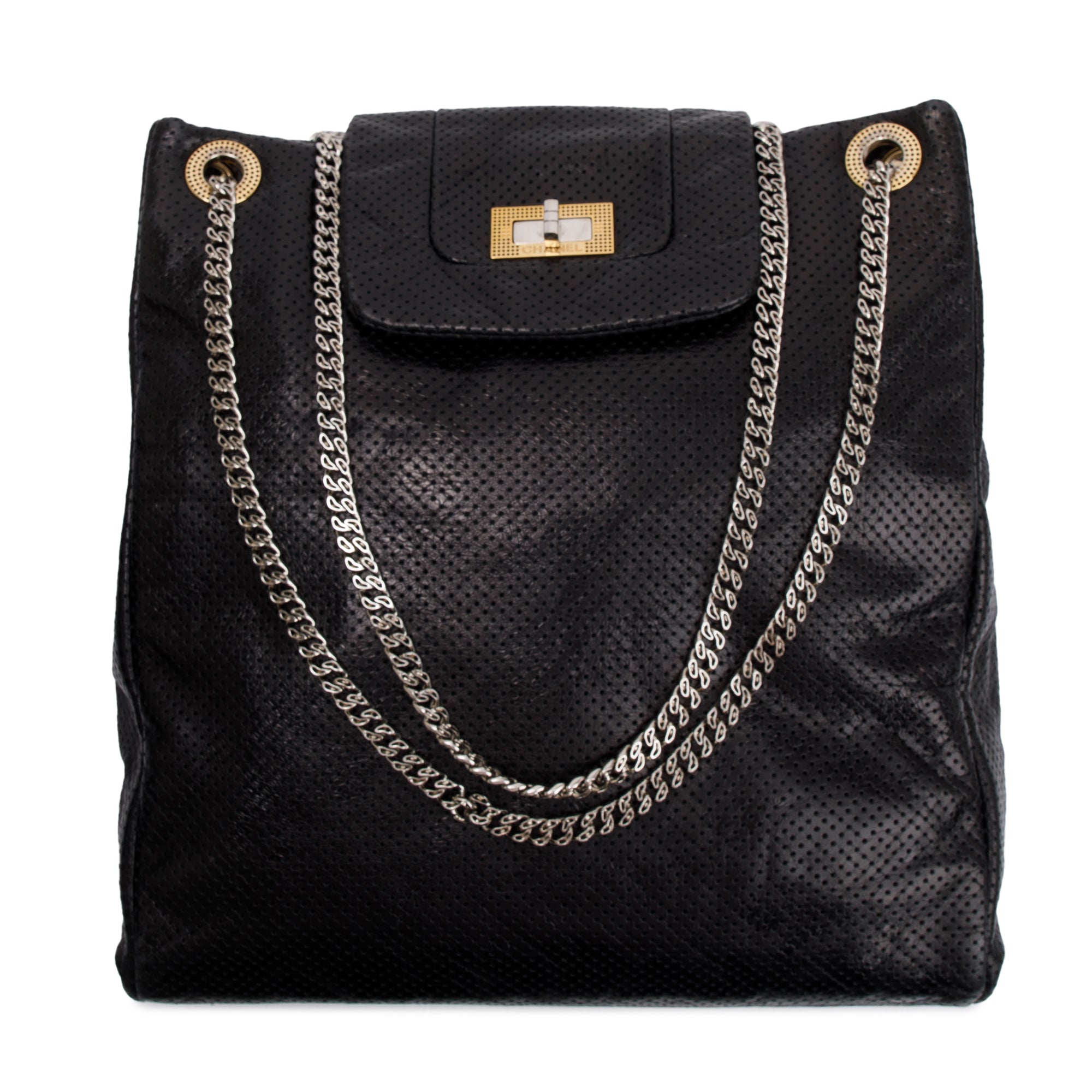 Chanel Black Perforated Calfskin Leather Drill Tote