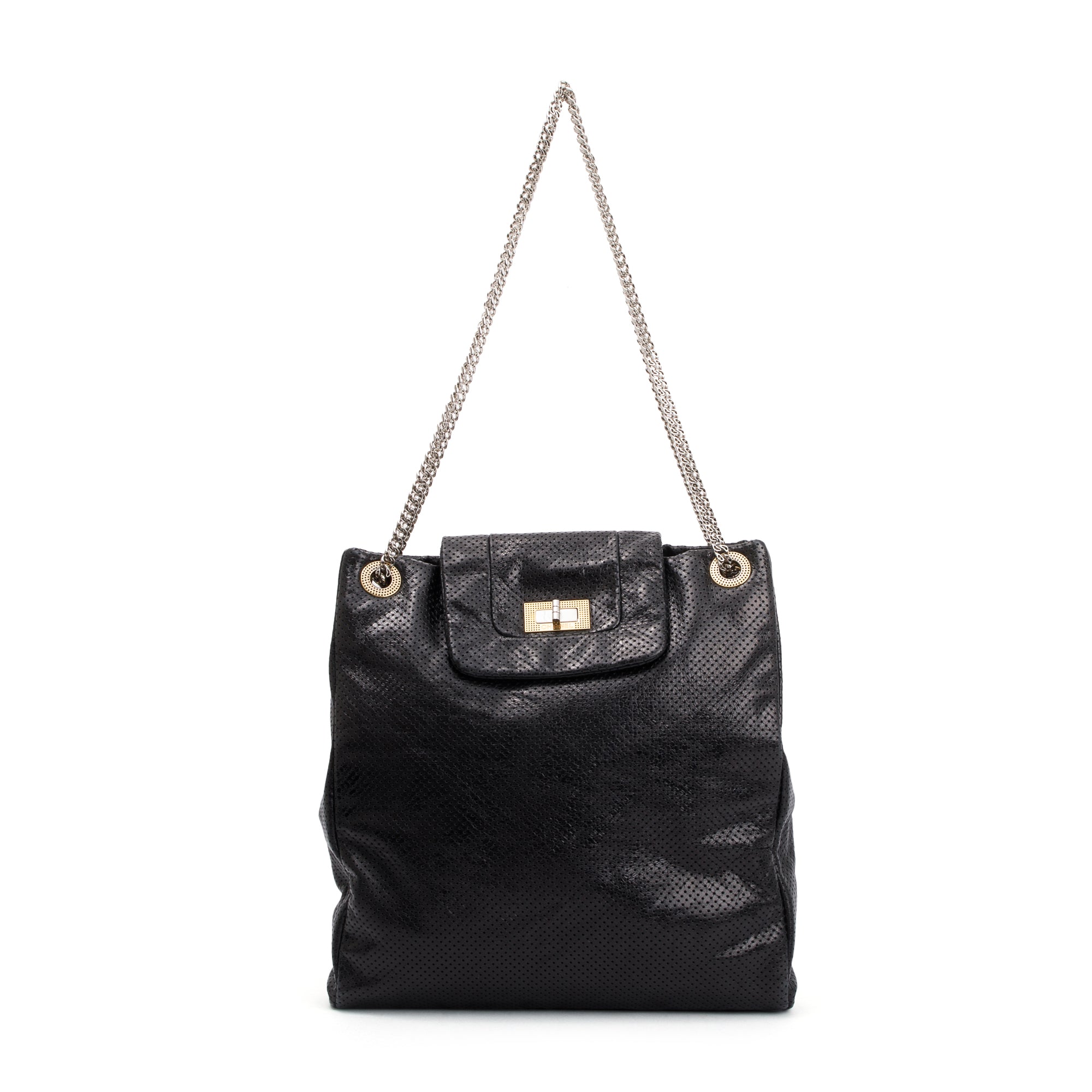 Chanel Black Perforated Calfskin Leather Drill Tote