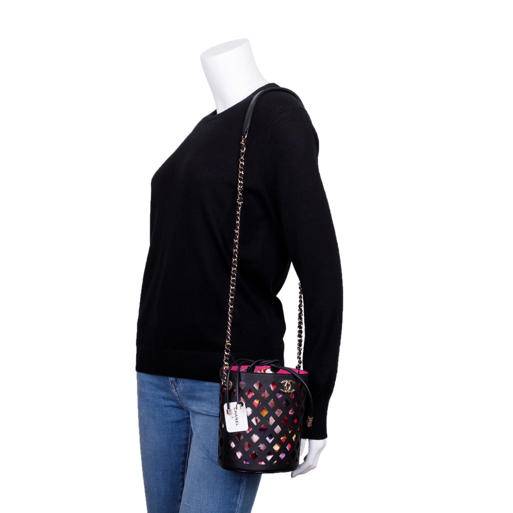 Chanel Black Perforated Calfskin See Through Bucket Bag w/ Pouch