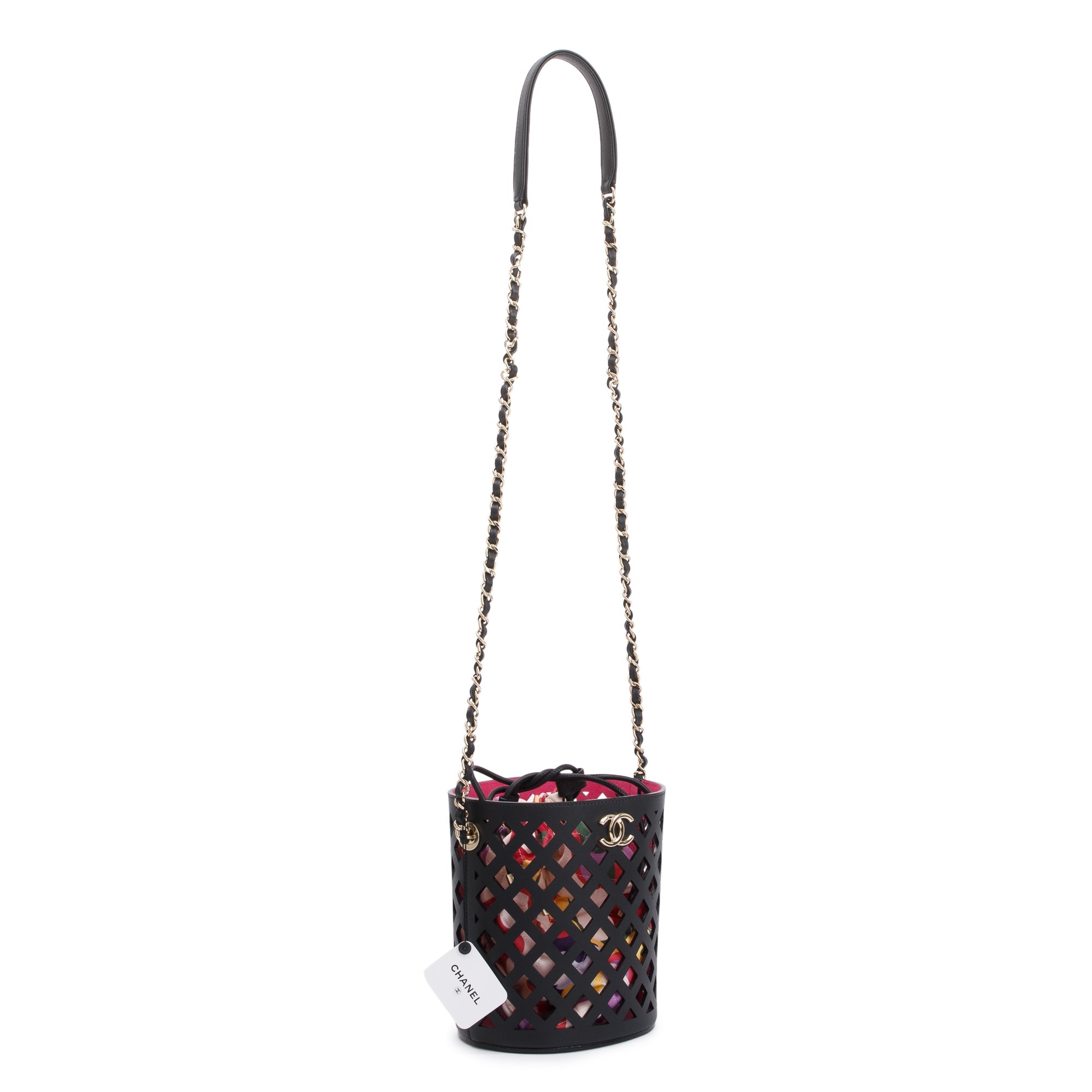 Chanel Black Perforated Calfskin See Through Bucket Bag w/ Pouch