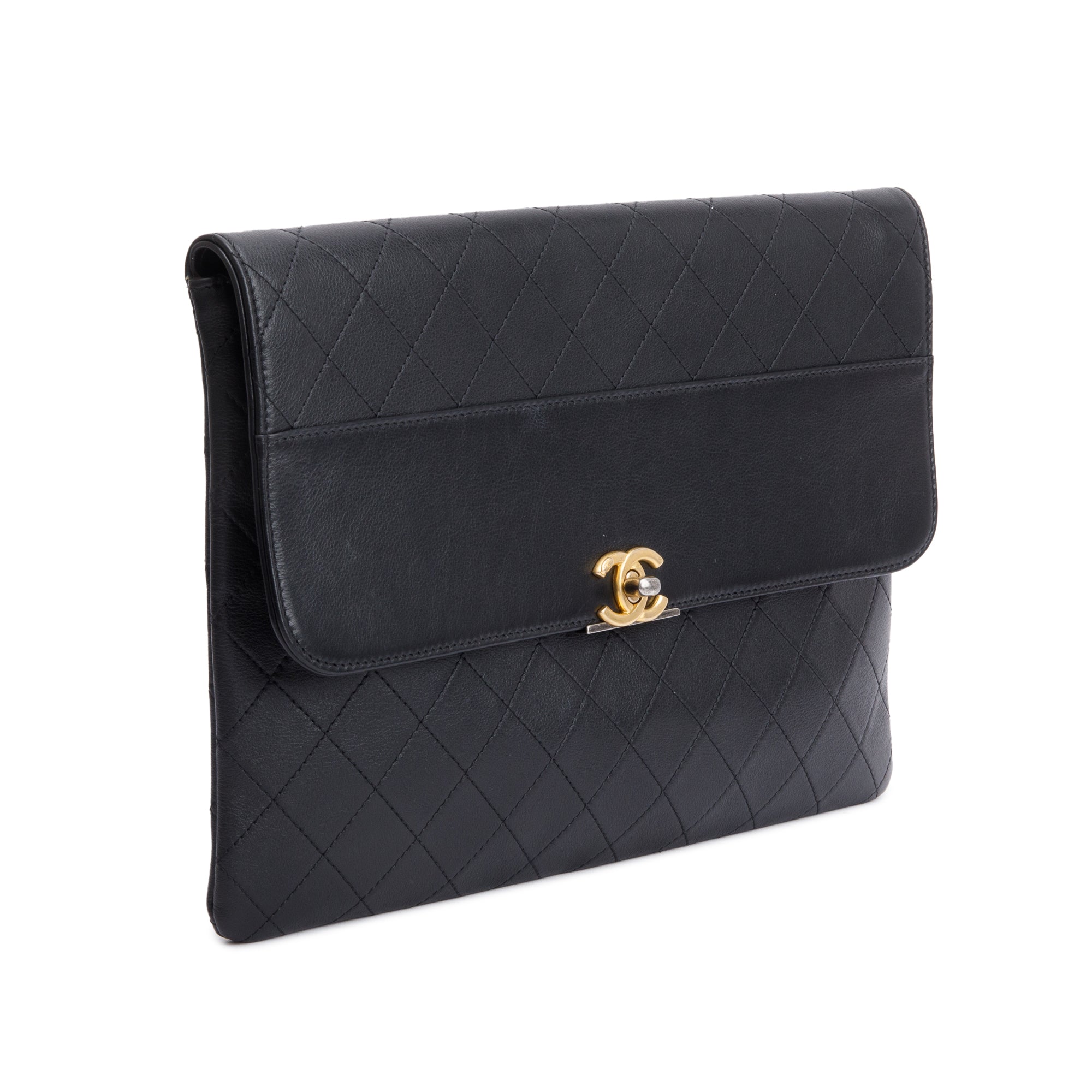 Chanel Black Quilted Calfskin Leather CC Clutch w/ Authenticity Card