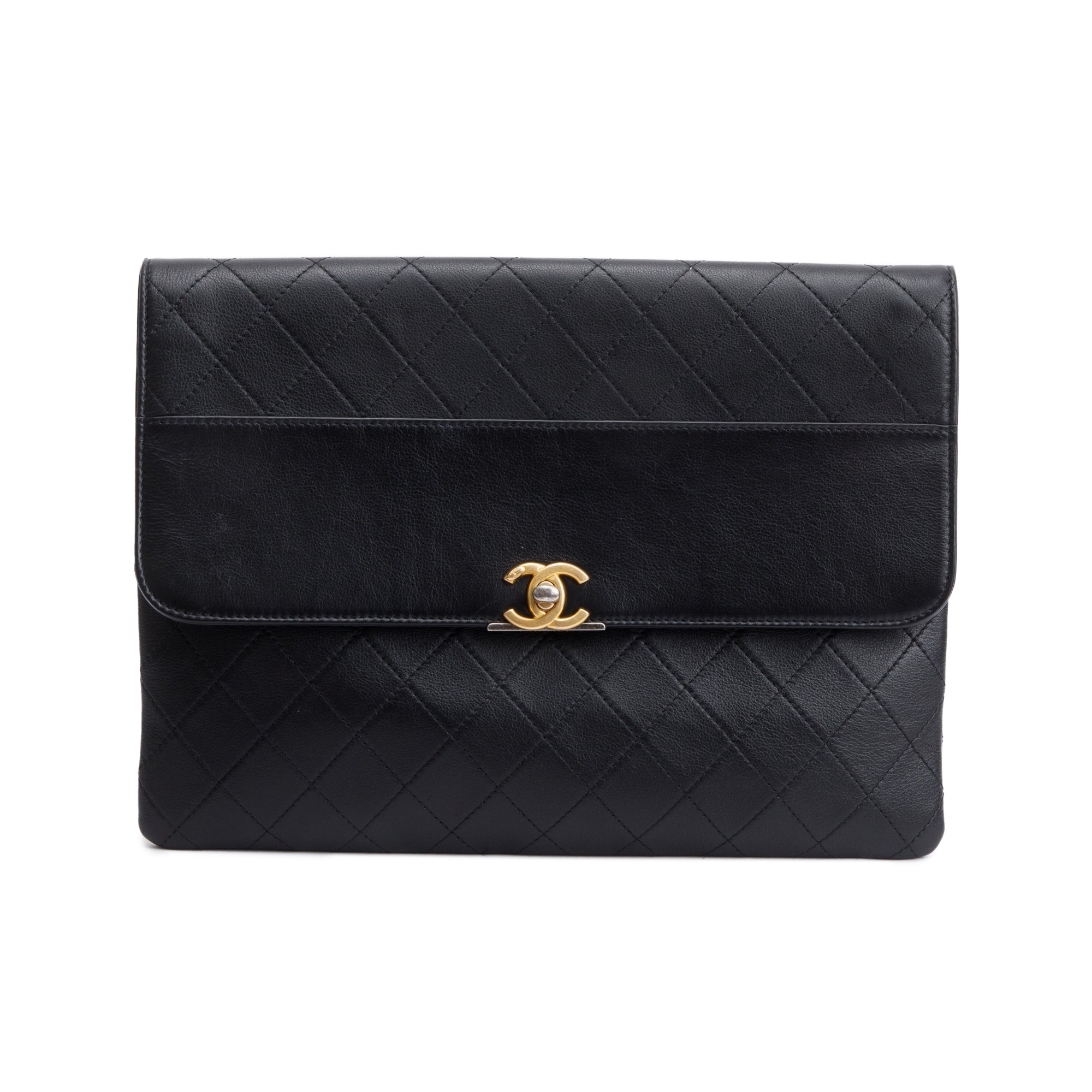 Chanel Black Quilted Calfskin Leather CC Clutch w/ Authenticity Card