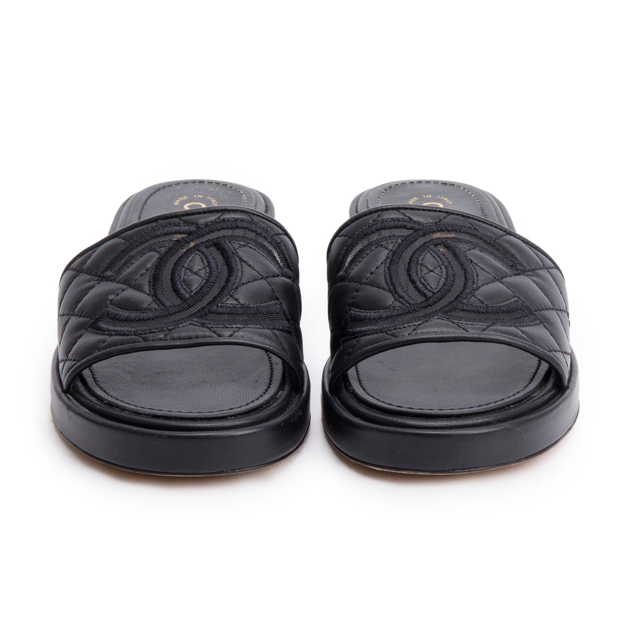 Chanel Black Quilted Calfskin Leather CC Slide Sandals, Size 39