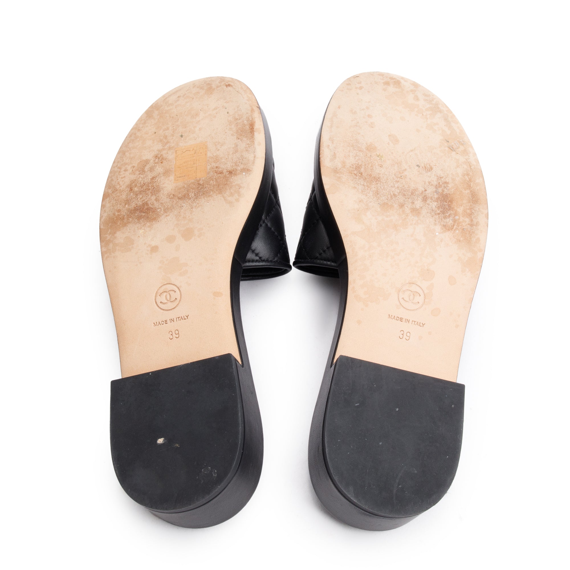 Chanel Black Quilted Calfskin Leather CC Slide Sandals, Size 39