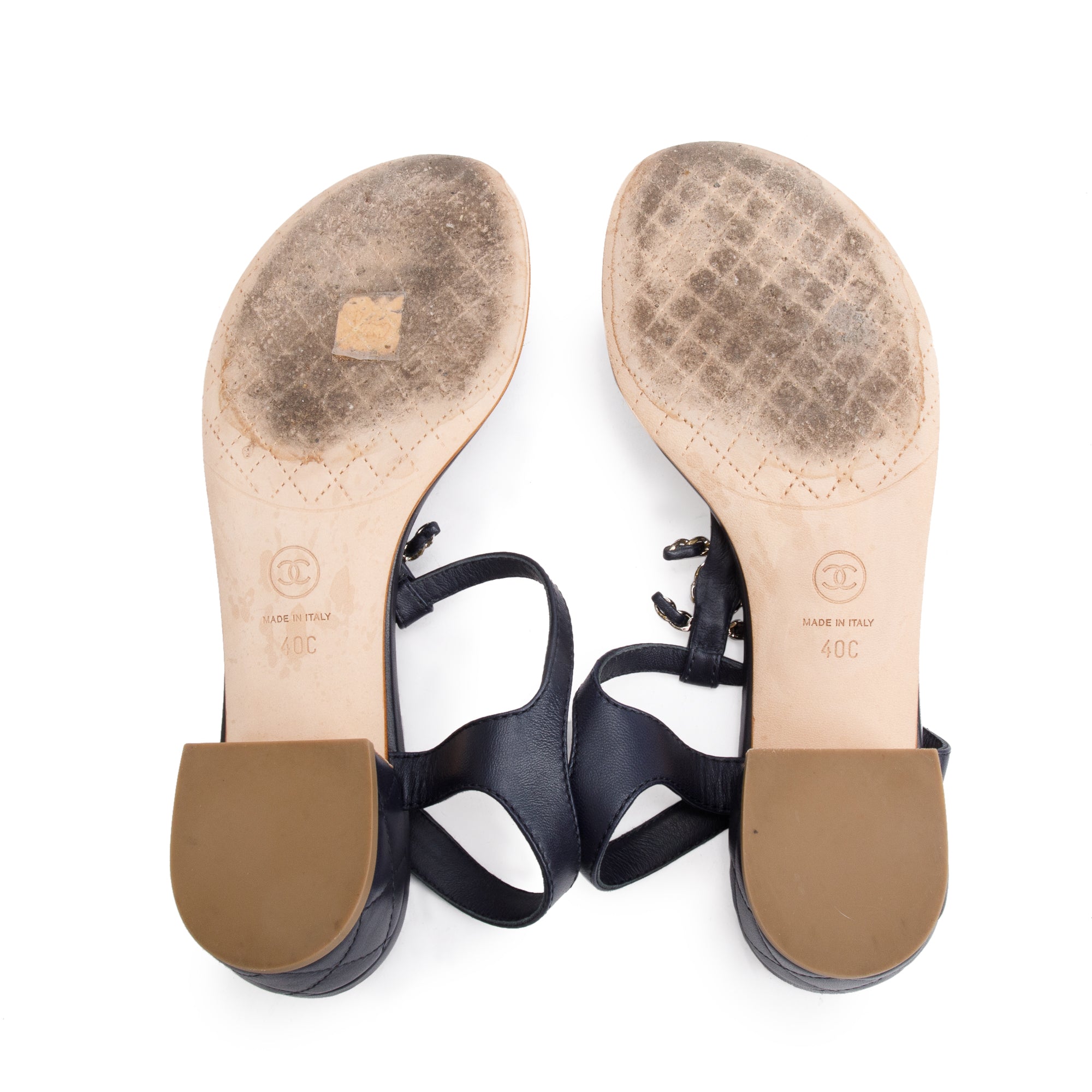 Chanel Black Quilted Calfskin Leather Chain CC T-Strap Sandals, Size 40 w/ Box