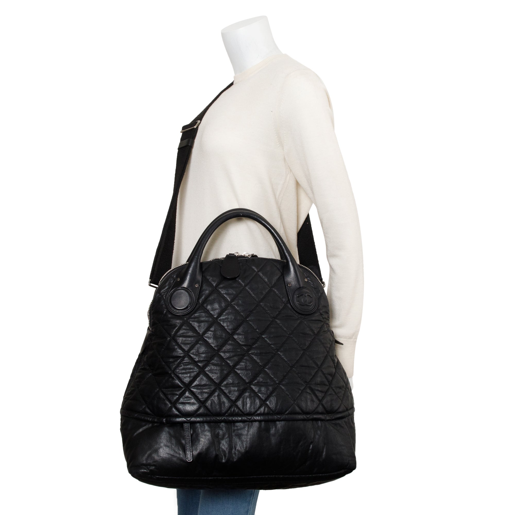 Chanel Black Quilted Calfskin Leather Expandable Travel Bag w/ Strap