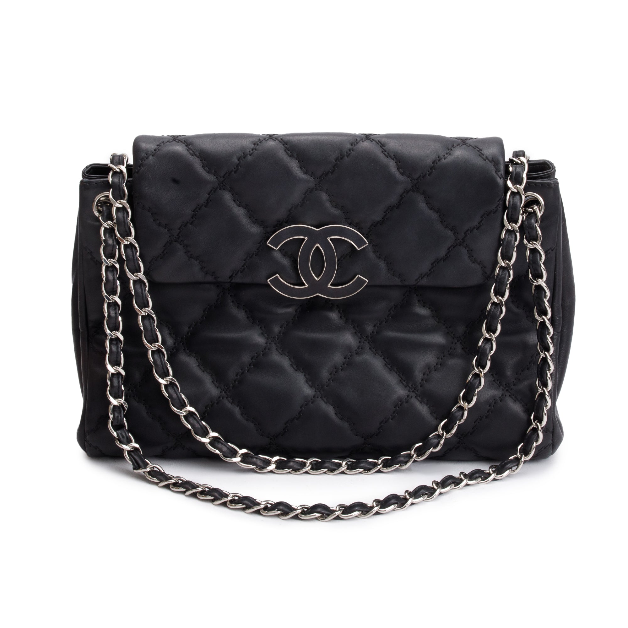 Chanel Black Quilted Calfskin Leather Large Double Stitch Hamptons Flap Bag