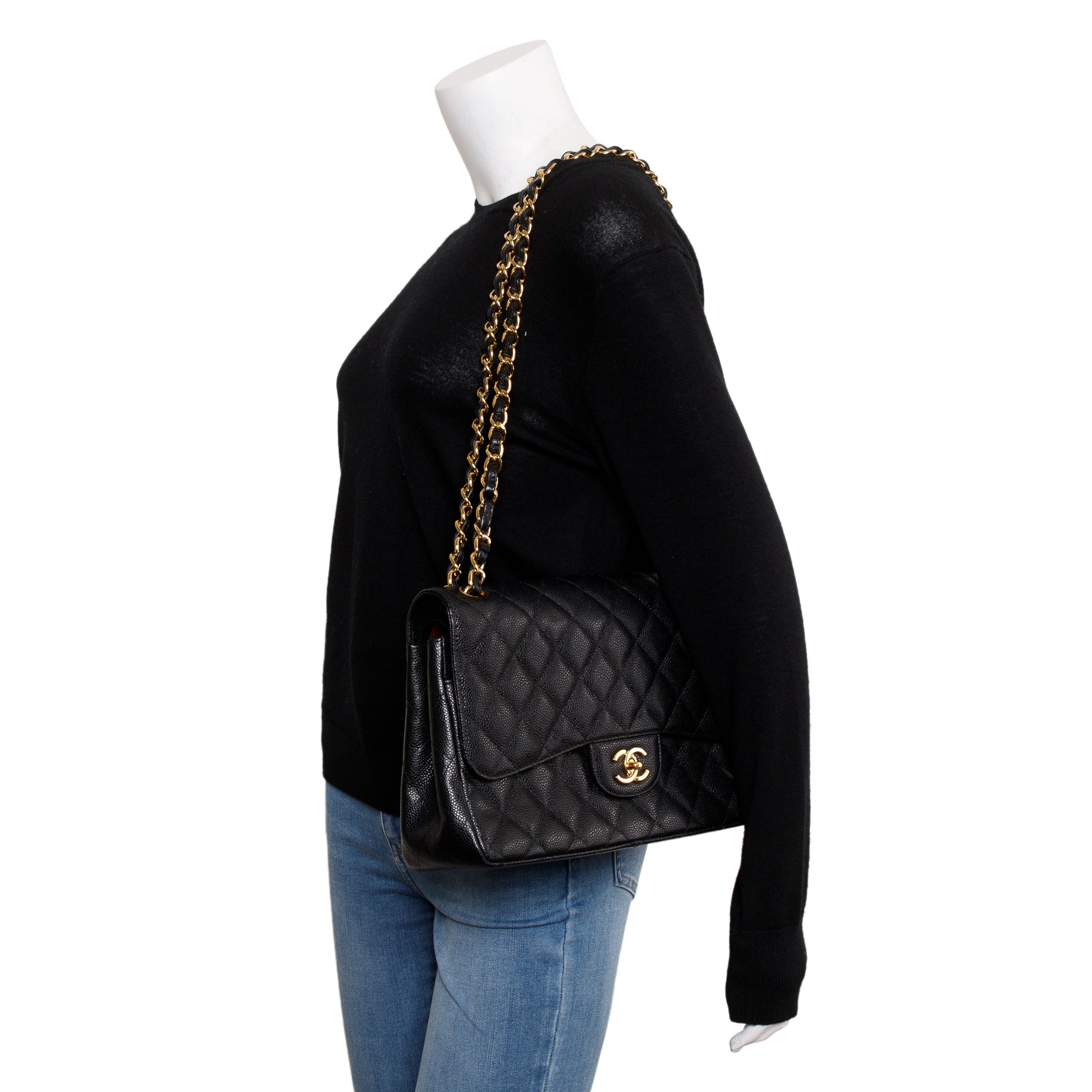 Chanel Black Quilted Caviar Leather Classic Jumbo Double Flap Bag