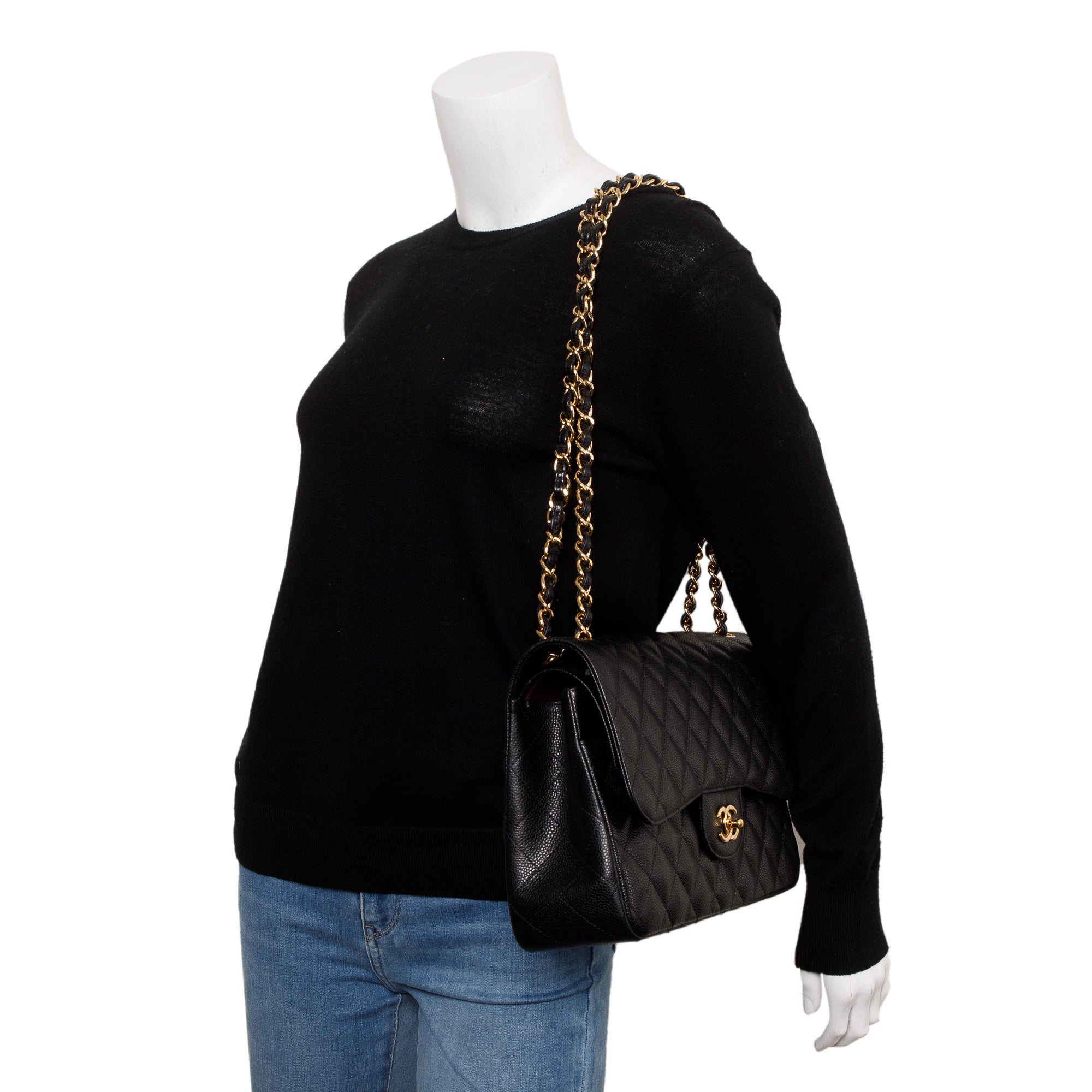 Chanel Black Quilted Caviar Leather Classic Jumbo Double Flap Bag w/ Authenticity Card