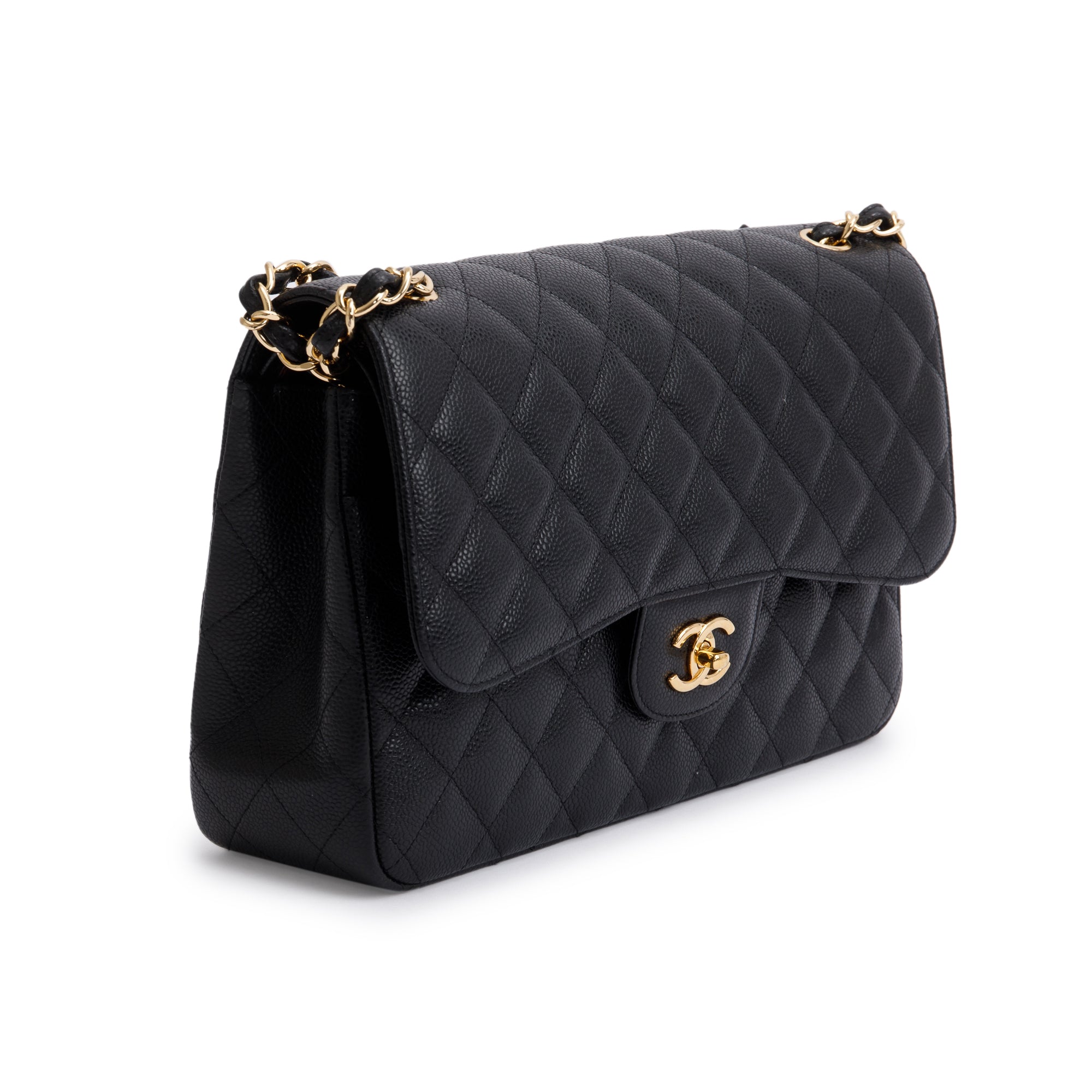 Chanel Black Quilted Caviar Leather Classic Jumbo Double Flap Bag w/ Authenticity Card