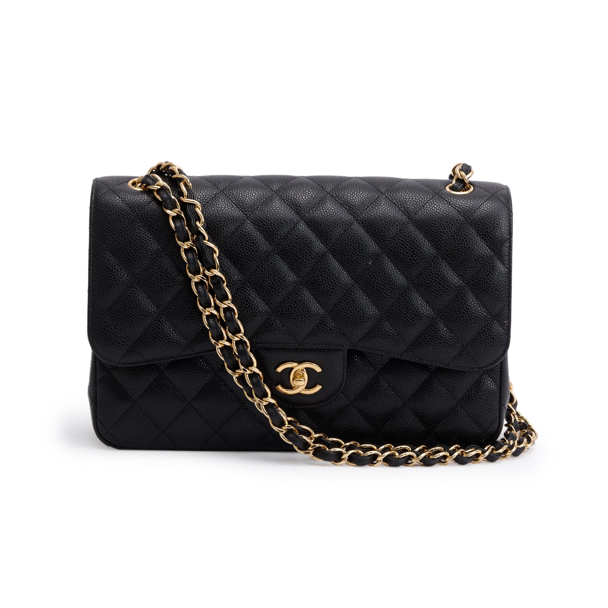 Chanel Black Quilted Caviar Leather Classic Jumbo Double Flap Bag w/ Authenticity Card