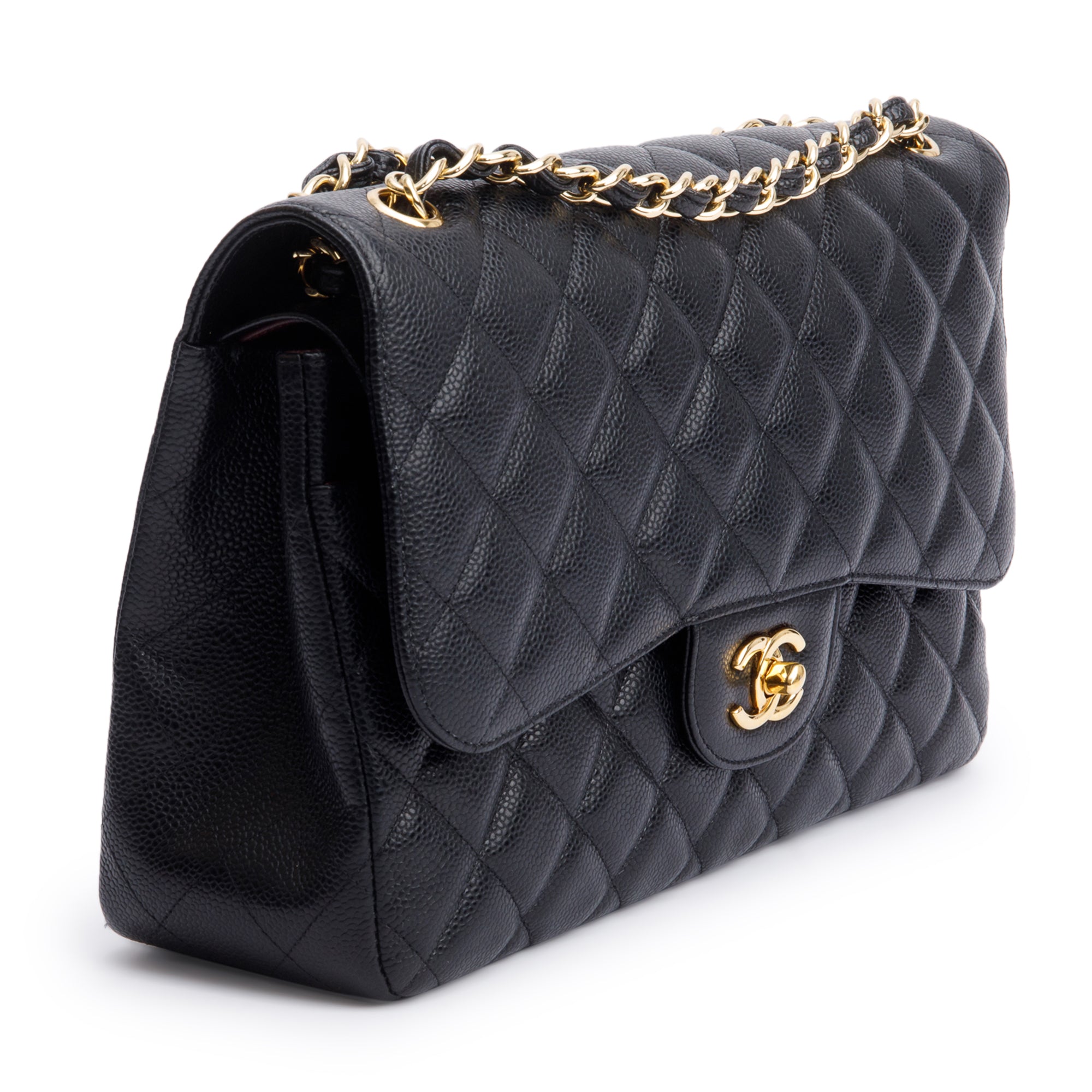 Chanel Black Quilted Caviar Leather Classic Jumbo Double Flap Bag w/ Box
