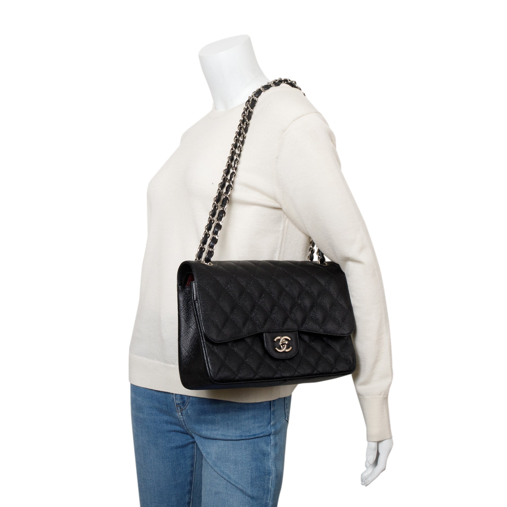 Chanel Black Quilted Caviar Leather Classic Jumbo Double Flap Bag w/ Box & Authenticity Card