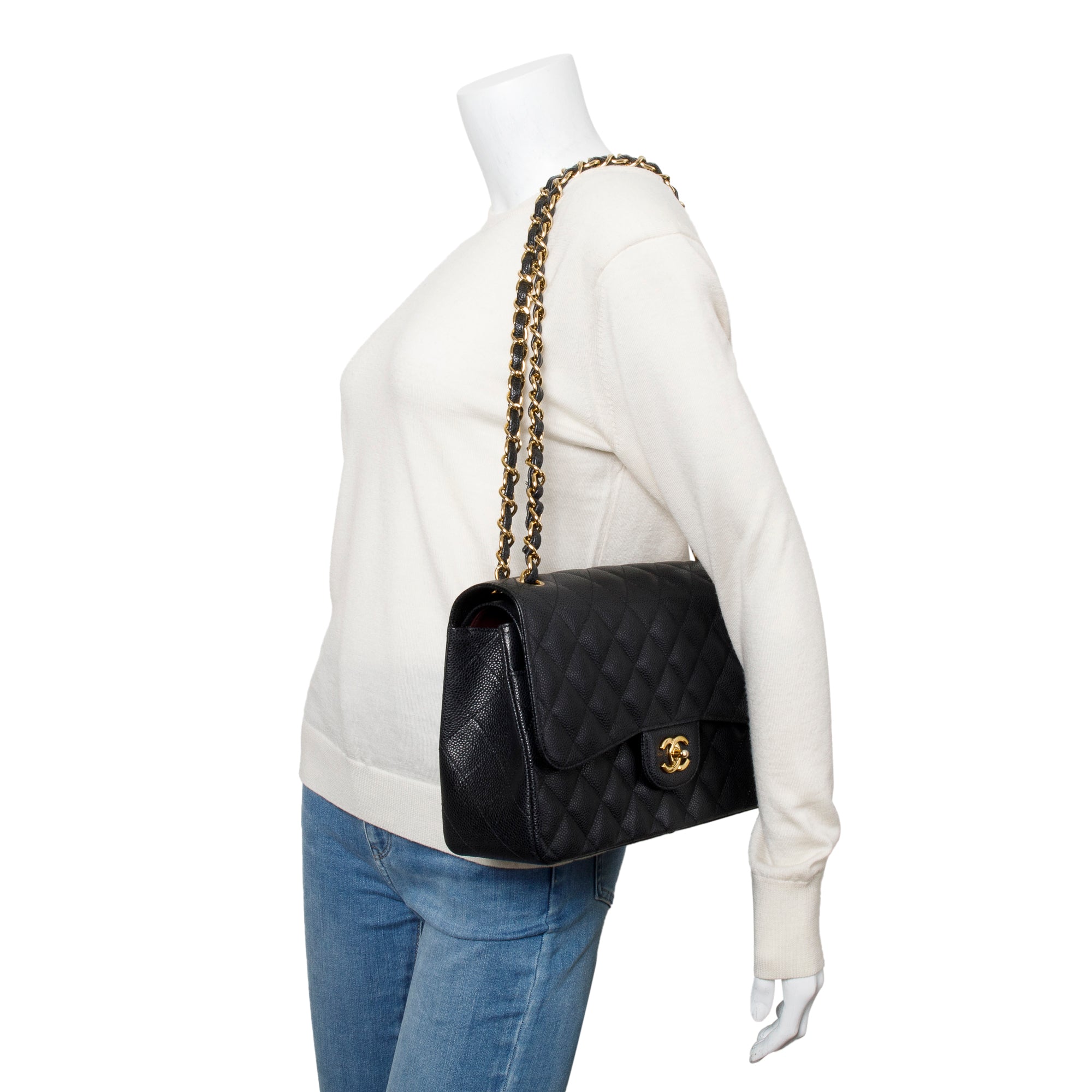 Chanel Black Quilted Caviar Leather Classic Jumbo Double Flap Bag w/ Box & Authenticity Card