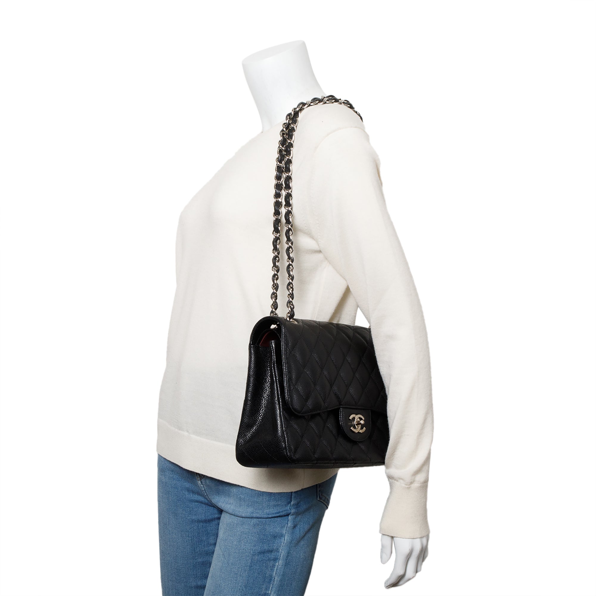 Chanel Black Quilted Caviar Leather Classic Jumbo Double Flap Bag w/ Box & Authenticity Card